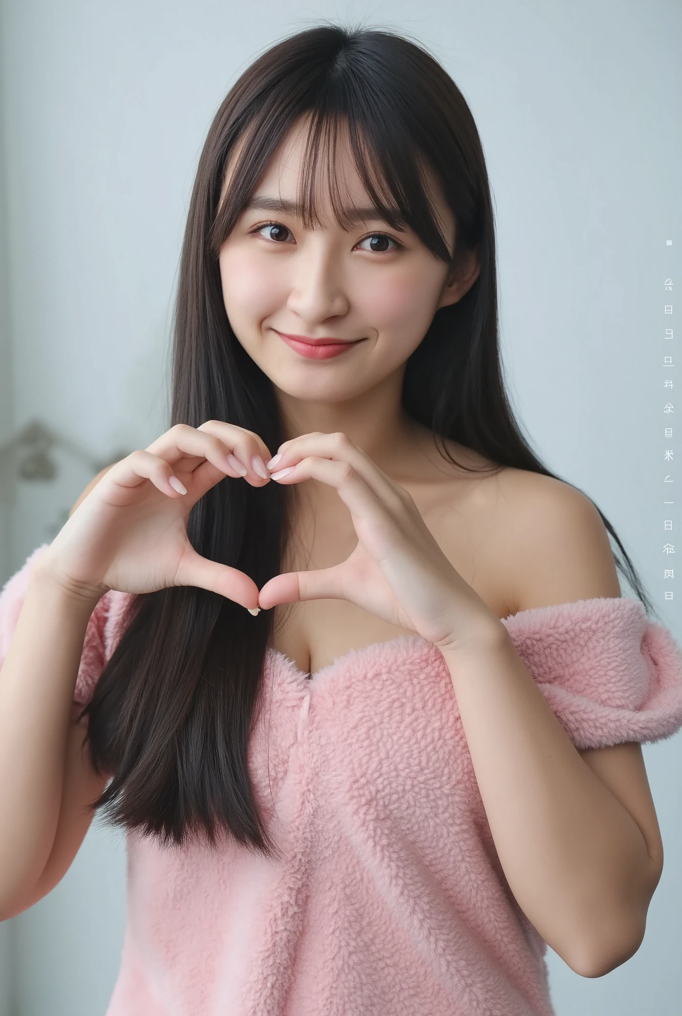 Only one woman with a cute smile wears cute, fluffy off-shoulder pajamas, makes a big heart shape with both hands, and poses them in front of her chest, View above collarbone、The background is a monotone 

