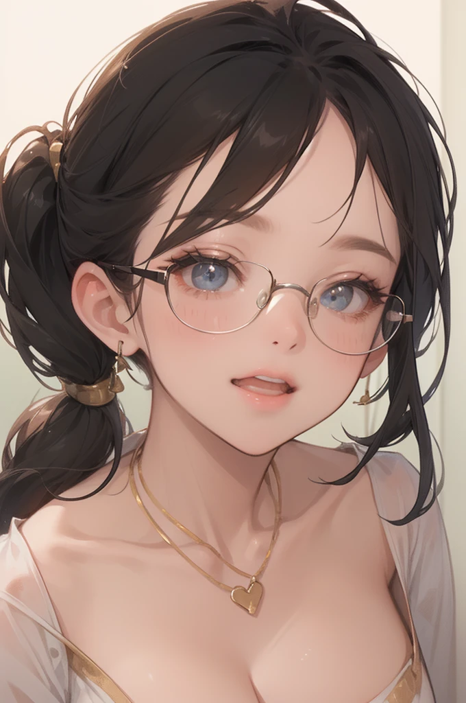 (back view:1.3)、((NSFW:1.3))、((Big Breasts:1.8))、((( upped long ponytail:1.9、 Black Hair、Glasses、 gold necklace)))、(( cowboy shot))、((pure white:2.0、pure whiteのストリングキャミソール ドレス、Beautiful thighs))、((A cheerful expression:1.4))、 PORTRAIT、((1st from the bottom.9))、(((( Closeup :2.0))))、Long ponytail 、 shining sunlight 、 realistic skin texture (masterpiece、Best Quality:1.2)、 1 girl 、One person、solo