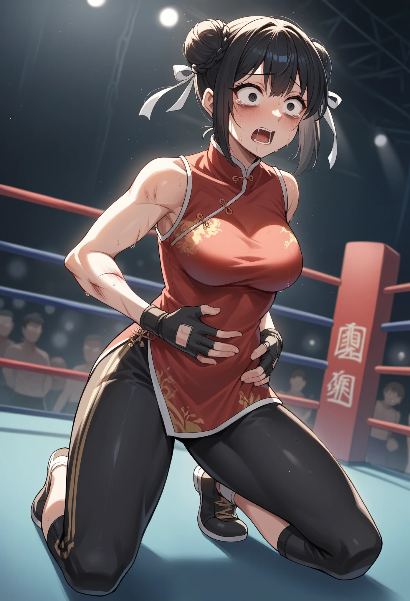 1girl, solo, black hair, sidelocks, double bun, black eyes, eyeliner, braid, chinese clothes, sleeveless, black pants, fingerless gloves, indoors, wrestling ring, stage lights, sweat, on one knee, medium breasts, red shirt, kneeling, ryona, bags under eyes, injury, surprised, saliva, hand on own stomach, tears, score_9, score_8_up, score_7_up, score_6_up, score_5_up, score_4_up, BREAK source_anime, masterpiece