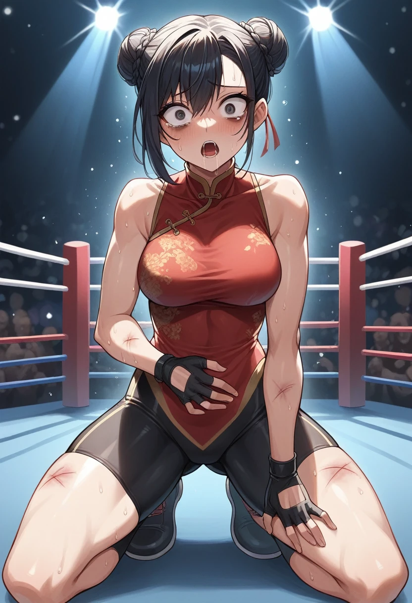 1girl, solo, black hair, sidelocks, double bun, black eyes, eyeliner, braid, black chinese clothes, sleeveless, black pants, fingerless gloves, indoors, wrestling ring, stage lights, sweat, on one knee, medium breasts, red shirt, kneeling, ryona, bags under eyes, injury, surprised, saliva, hand on own stomach, tears, score_9, score_8_up, score_7_up, score_6_up, score_5_up, score_4_up, BREAK source_anime, masterpiece