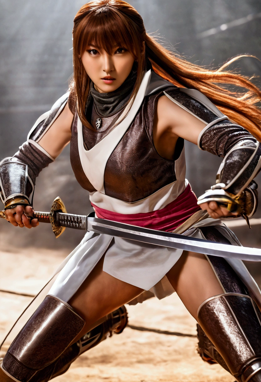 Kazumi, European appearance, narrow waist, 155 cm tall,      brown long hair      ,   medieval look  ,     in light armor and with a two-handed European sword on,   In fighting position and with momentum  ,       ready for a horizontal blow       ,  big breasts 95 EE         ,       full body shot      ,    Armour with large cleavage      ,  sexy metal armor      ,  leather miniskirt, beautifully drawn ,    Customize the look of Kazumi    , dynamic pose, slim long legs , 