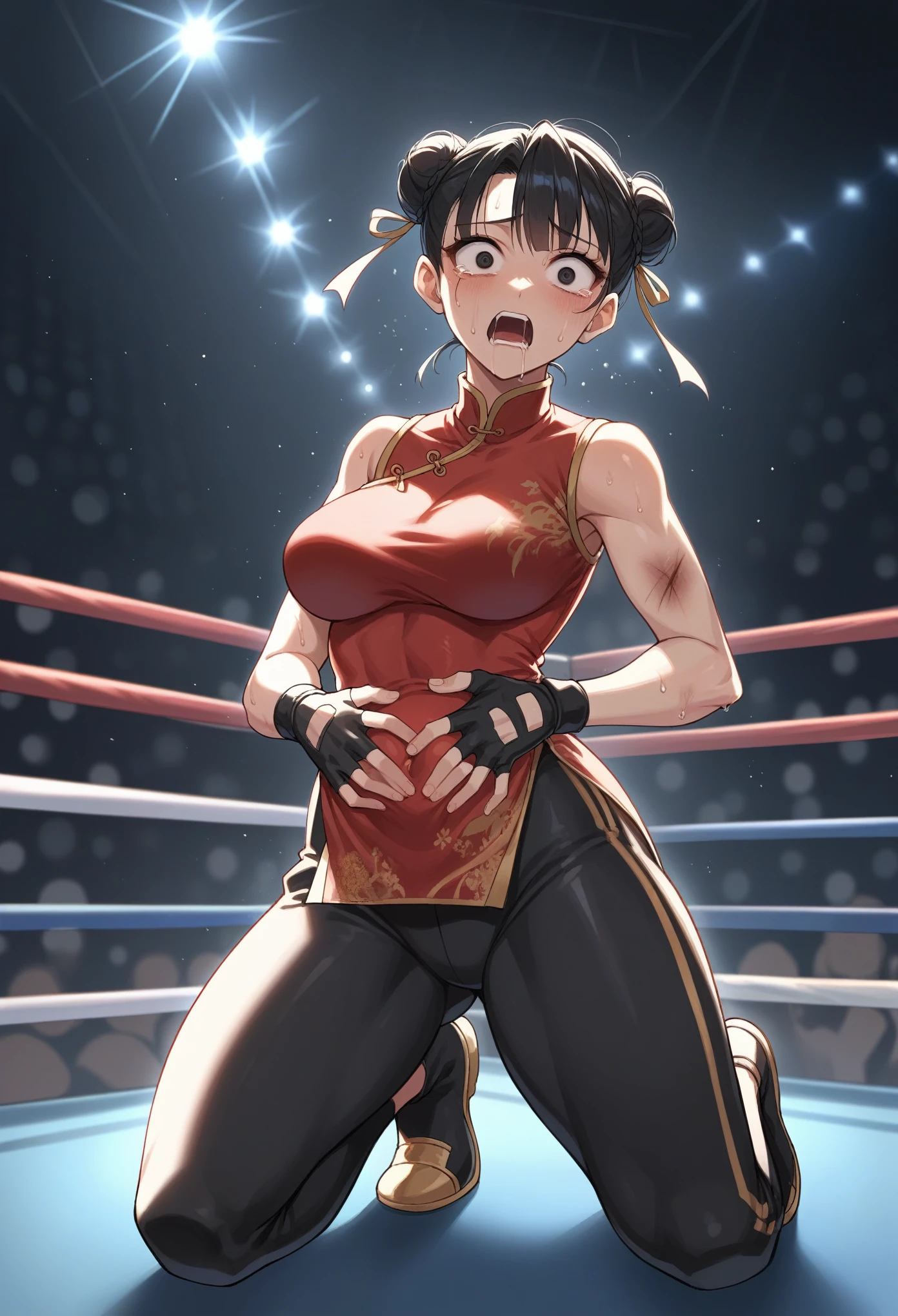 1girl, solo, black hair, sidelocks, double bun, black eyes, eyeliner, braid, black chinese clothes, sleeveless, black pants, fingerless gloves, indoors, wrestling ring, stage lights, sweat, on one knee, medium breasts, red shirt, kneeling, ryona, bags under eyes, injury, surprised, saliva, hand on own stomach, tears, score_9, score_8_up, score_7_up, score_6_up, score_5_up, score_4_up, BREAK source_anime, masterpiece