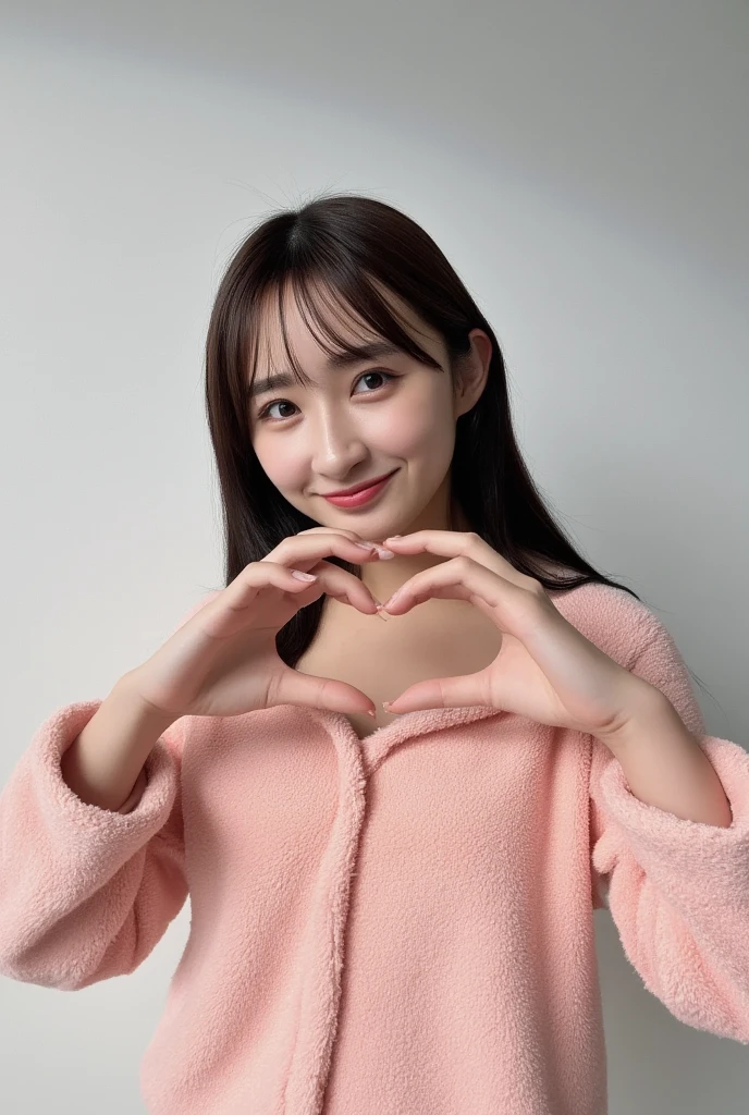 Only one woman with a cute smile wears cute, fluffy off-shoulder pajamas, makes a big heart shape with both hands, and poses them in front of her chest, View above collarbone、The background is a monotone 

