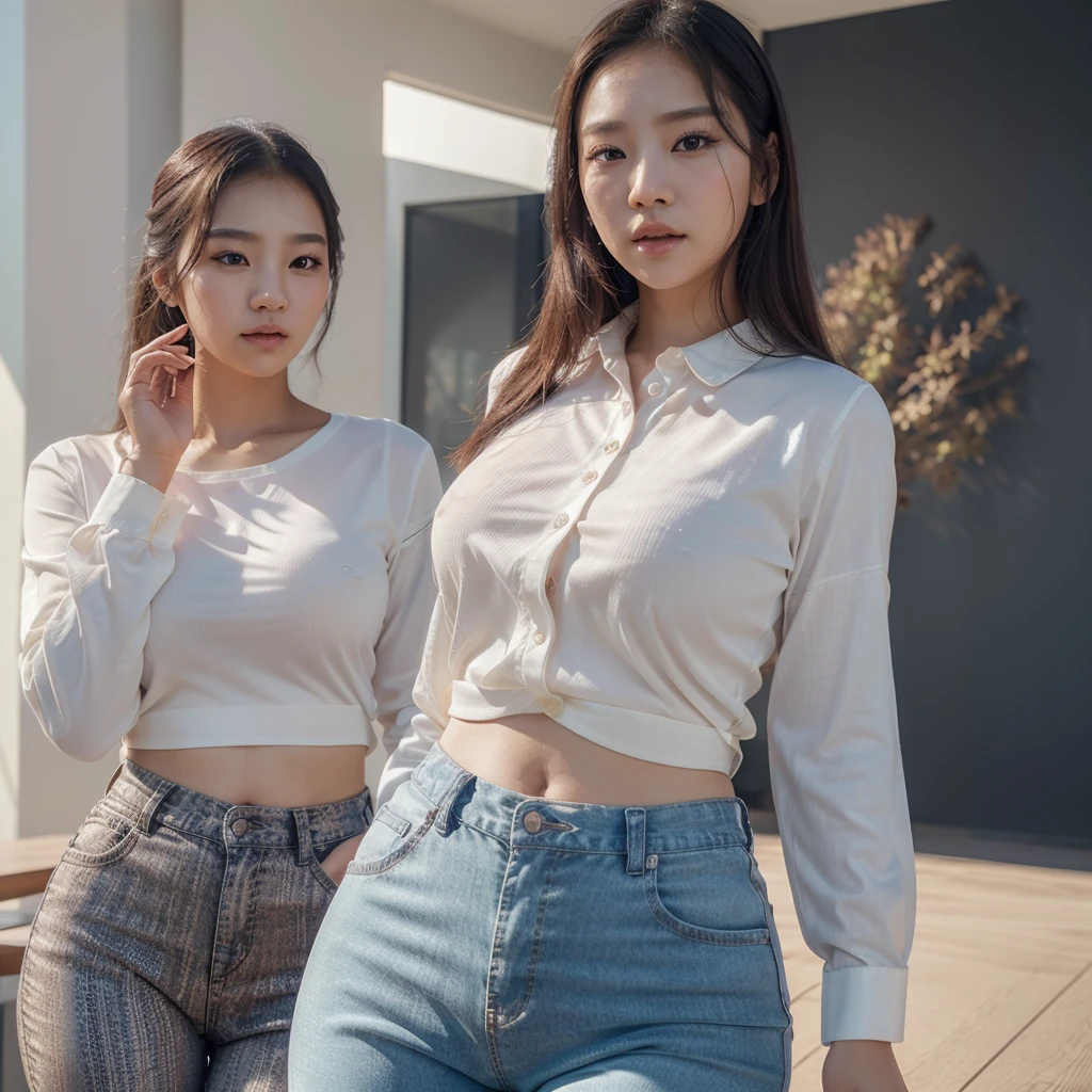Two asian women posing on bed for photos, 2 beauties lying on bed, wearing tight simple clothes, wet clothes: 1.5, sheer transparency: 1.5, bare breasts and 1.5, Alena and Lilia, two girls, lying on bed, sexy pose, intimate seductive pose, half nude, nude, realistic, realistic realistic, 16k HD, masterpiece: 1.5, focus: 1.8, alad asian woman in crop top tight long jeans and sheer short sleeves, (Background: 1.5 (Deluxe Villa, Large Double Bed: 1.2, Large Pool)), Cute Schoolgirl with Slim Figure, (Fashion High Ponytail Hairstyle: 1.5), Japanese 18 Year Old Girl Wearing Tight Long Jeans and Long Tight Jeans (Low Waist Crop Top with Microflared Shape, Pants: 1.5), (Tear: 0.6), (Brand Jeans: 1.5, Realistic Detailed Jeans Texture and Stripes: 0.8, Realistic Details Jeans Granularity: 0.8), Wearing Stylish Sheer Tight Short Sleeves, Sheer top (brand: 1.5, slim, realistic viewing angle: 1.5, transparent: 1.5, bare breasts and areola: 1.5), wearing stiletto heels (delicate stiletto heels crystal band sandals, high quality: 1.2), surreal schoolgirl, dressed as schoolgirl, surreal schoolgirl, realistic schoolgirl, schoolgirl pose, model pose, photograph full body ((full body: 1.8)), beautiful skin, glowing skin, slim beautiful thighs, perfect thighs, perfect calves, White tender toes, beautiful breasts: 1.5, beautiful breasts: 1.5, beautiful buttocks: 1.5, buttocks: 0.7, best quality, fair skin, real skin, (detail face), goose egg face, pores, super high resolution, (8k, RAW photo, realistic: 1.4), 1 girl, slim, (smile, teeth and tongue: 1.2, happiness: 1.2), (lip gloss, eyelashes, glossy face, best quality, super high resolution, wide lighting, natural shadows), sexy, Full body shooting: 1.8 --auto --s2