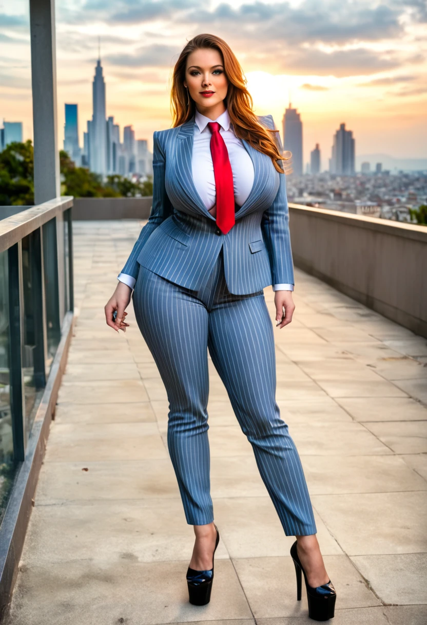 A sophisticated and stylish woman in a light blue pinstriped trouser suit, white shirt, and a large wide red necktie in a windsor knot, with a beautiful, curvaceous figure, massive breasts, and long brown hair, with a curvaceous figure and massive breasts. wearing rounded platform high heels with uncovered feet and laying down, rampage-like pose, with a cityscape background of mega-city, urban sprawl, and small towns, giant montains, partially obscured by a hazy, cloudy atmosphere. The image is a high-resolution, masterpiece-quality, cinematic, ultra-detailed, and hyper-photorealistic photograph, with perfect hands, face, and lighting. ultra-detailed, 8K, photo-realistic, hyper-realistic, masterpiece, intricate details, full body view. Looking at camera, The image is a high-resolution, masterpiece-quality, cinematic, ultra-detailed, and hyper-photorealistic photograph, with perfect hands, face, and lighting. ultra-detailed, 8K, photo-realistic, hyper-realistic, masterpiece, intricate details, full body view