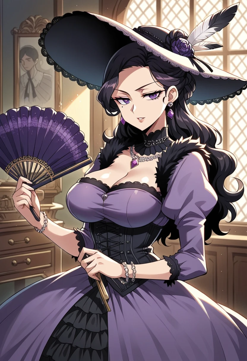 mole, mole under eyes, victorian, 1girl, long hair, black hair, sidelocks, big breasts, indoors, purple eyes, half closed-eyes,  tailoring shop, victorian, corset, purple dress, long dress, jewelery, necklace, bracelet, jewel, single hair bun, french braid, parted lips, large hat, feather, fur trim, smug, earrings, sidelocks, curly hair, holding fan, folding fan,  score_9, score_8_up, score_7_up, score_6_up, score_5_up, score_4_up, BREAK source_anime, masterpiece