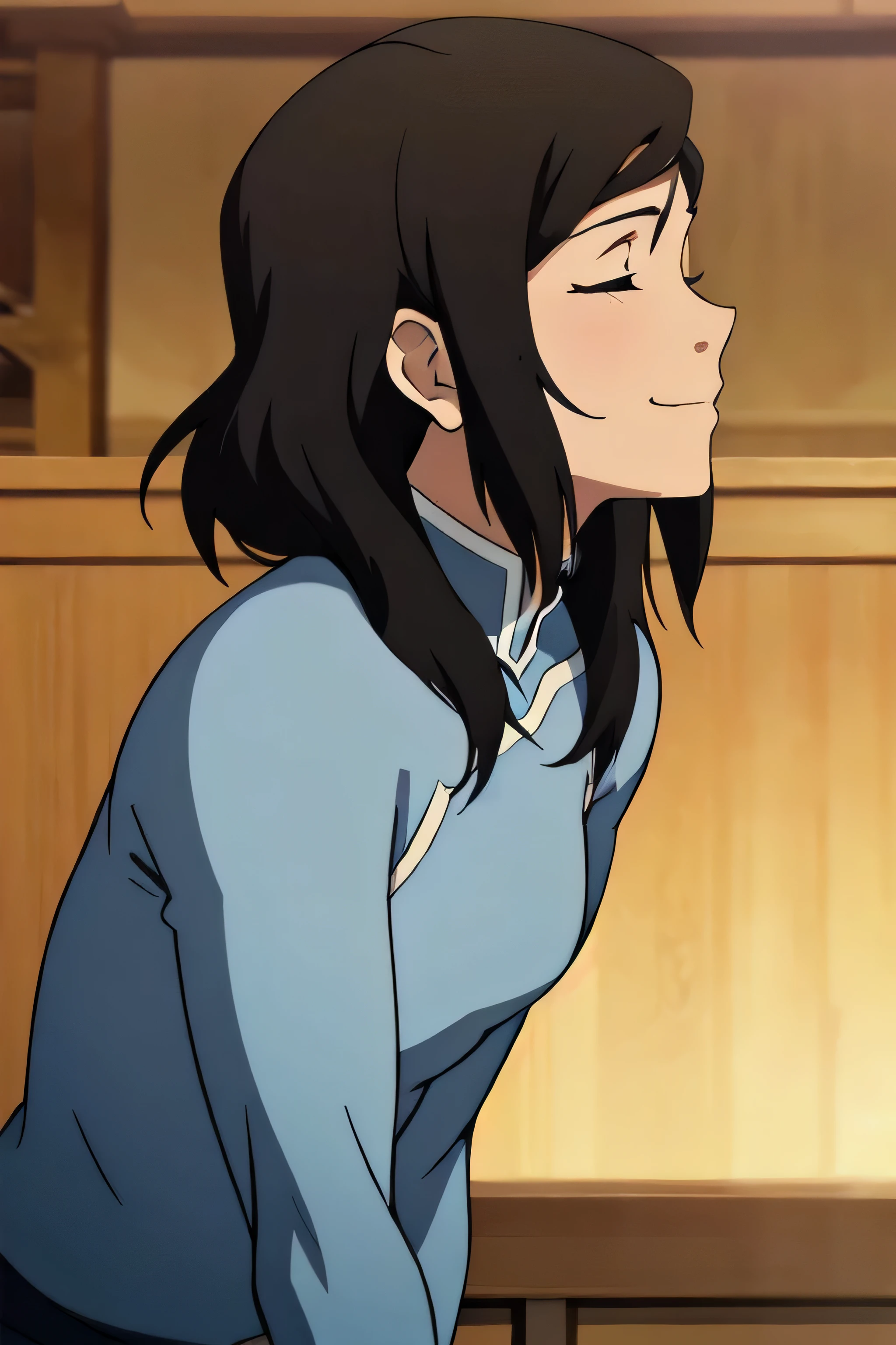 Korra,1girl, solo, upper body, side view, viewed from side, smile, sensual expression,eyes closed,leaning forwards,leaned forwards,sweaty