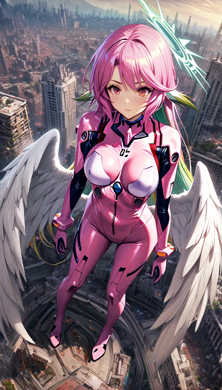 jibril,(big breast),(big white wing),(angel wing),(glamorous),(girl towering over miniature city),plugsuit,pink latex bodysuit,shiny bodysuit,colorful hair,halo,sharp focus,extremely detailed CG,expressionless,ruined city,realstic,(mechanical ear),high angle,standing