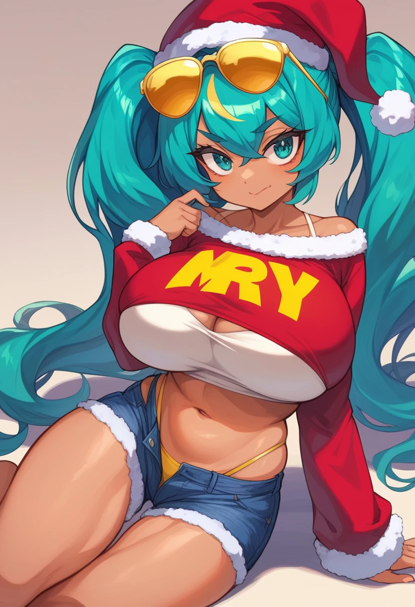 Super huge big breasts breast enlargement full-body shot, BM, long hair, twintails hair, teal colored hair, large expressive eyes, teal eyes, wearing a yellow off-shoulder crop top with the Brazilian flag printed on it, blue denim short shorts with a frayed hem, sunglasses on her head, tanned skin One by the beach santa hat christmas costume