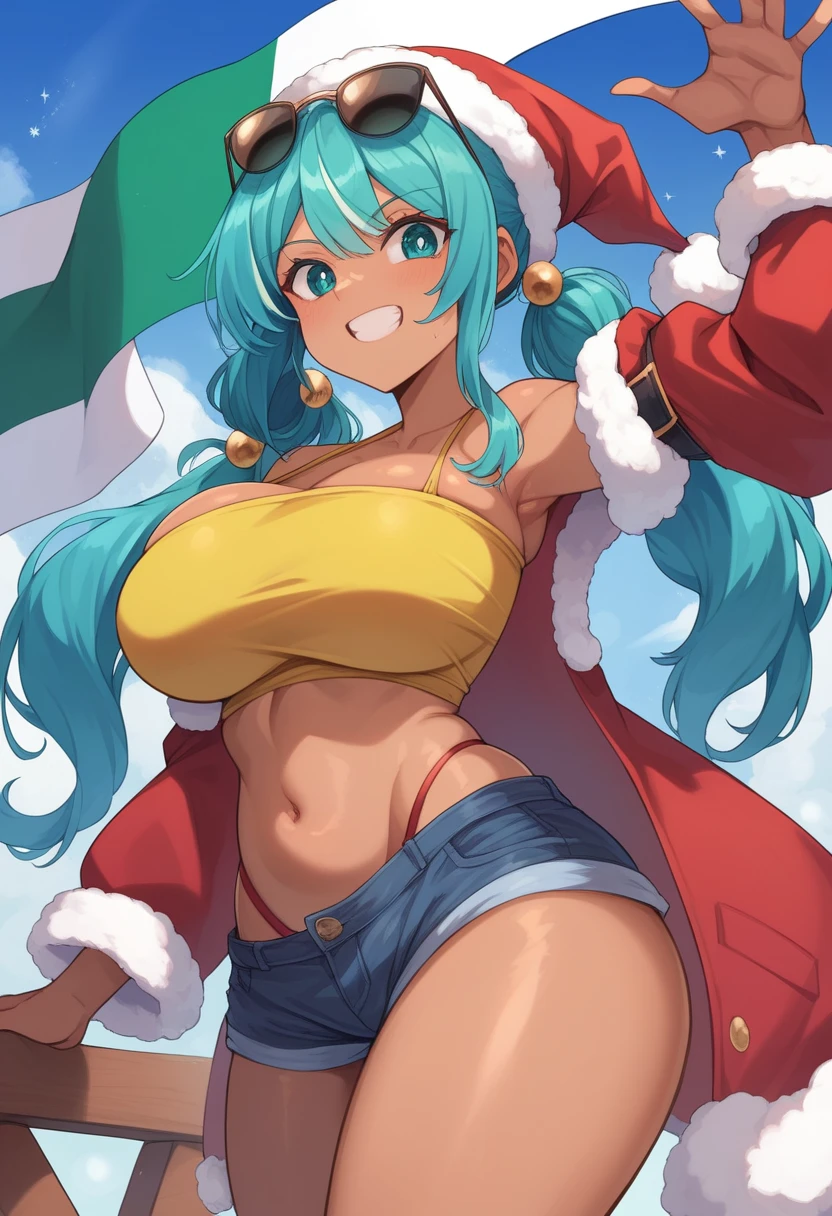 Super huge big breasts breast enlargement full-body shot, BM, long hair, twintails hair, teal colored hair, large expressive eyes, teal eyes, wearing a yellow off-shoulder crop top with the Brazilian flag printed on it, blue denim short shorts with a frayed hem, sunglasses on her head, tanned skin One by the beach santa hat christmas costume