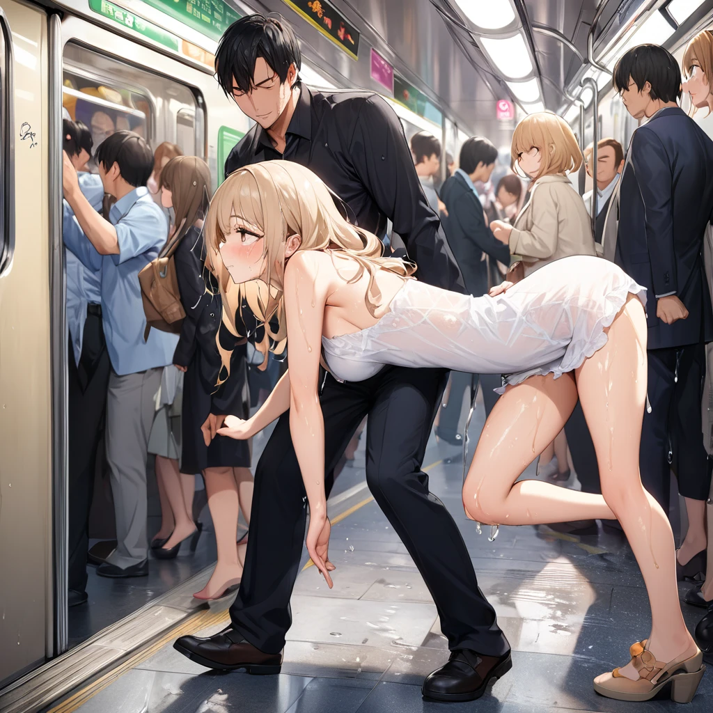 La mejor calidad, ultra-high-resolution, (fotorrealista:1.1), obra maestra, 1girl, (Pisceo:1.2), vestido ajustado, ropa ajustada, Mini falda sexy, SFW, realista, obra maestra, VERY crowded subway train interior detailed scenario, VERY crowded subway train interior detailed background, Standing incredibly hot (mujer 1) usyo minifalda sexy y 3/4 calcetines blancos, ((Grye)), ((muslos gruesos)), ((Lustful expression)), (expression of pleasure), ((cara sonrojada)), Very young man groping woman 1 from behind,(((un gran, A very young man pressed his chest against the woman's back 1))) y (((holding her waist behind her)))NSFW
