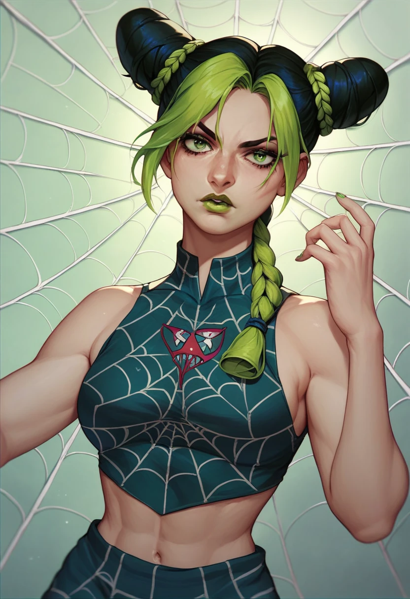 kjolyne, green eyes, two-tone hair, green hair, black hair, double bun, braided bun, braided ponytail, green lips, lipstick, make up, green nails, nail polish, spider web print, midriff
