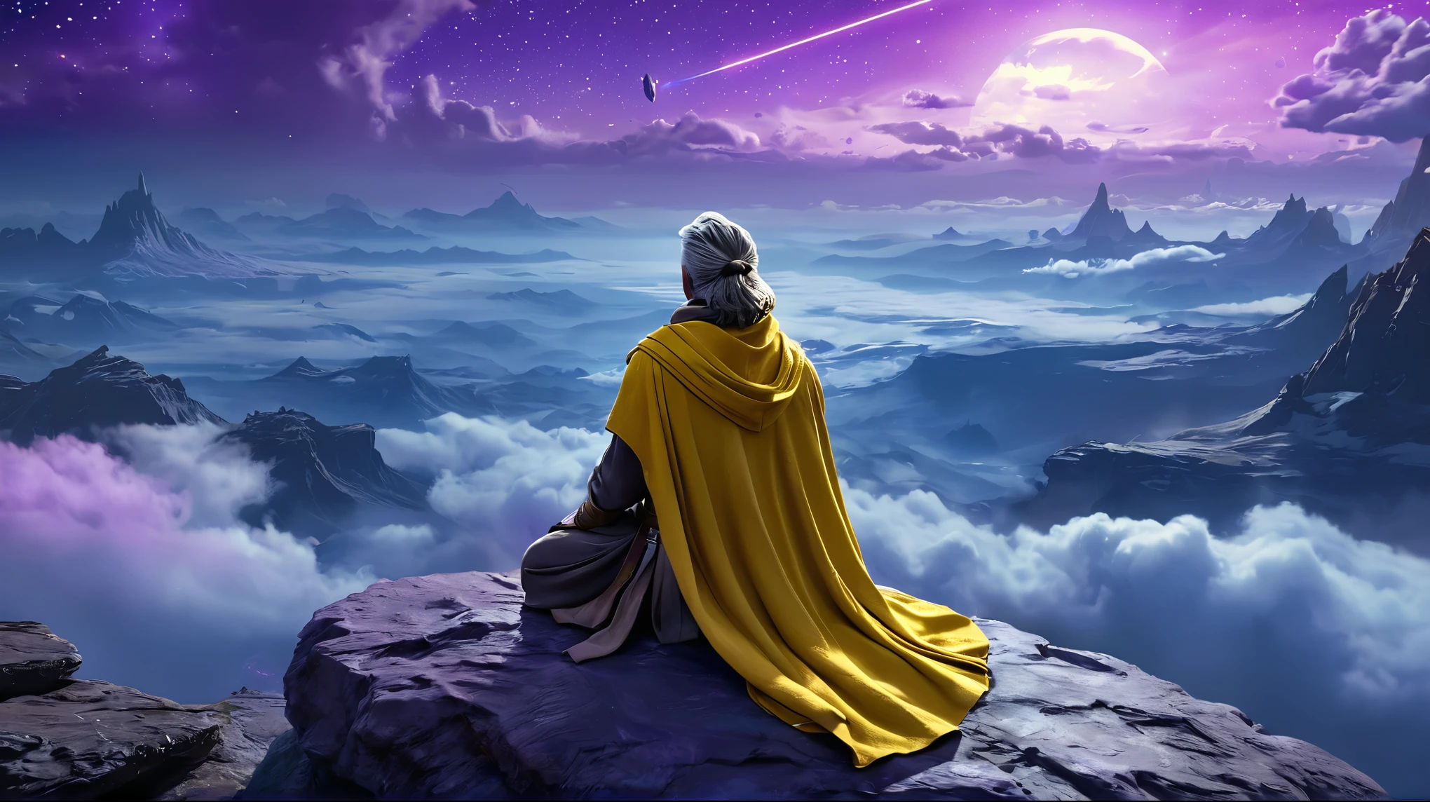 arcan3styl3v1, masterpiece, highcontrast, A jedi master with a yellow (old  ragged, cloak, cape) sitting on rock meditating, top of the mountain, clouds, top view,  star wars landscape.  Blue and purple cloths, night time, space, stars, various moons, and planets, purple aurora boreal in the sky, no face, view his back from the sides, panoramic