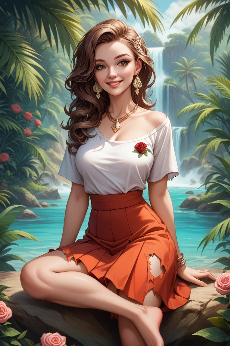 NSFW, (((masterpiece))), best quality, 1girl, beautiful woman, (thicc:0.5). A relaxed, confident pose on a deserted tropical island. She has (very detailed ivory skin:1.4), (soft rose lips), and a (a gentle warmth smile). Her (long brown hair:1.4) frames her face, with (brown colored eyes:1.0) and (warm brown  eyeshadow). She has a (very tiny nose:1.6) and (small ruby stone earrings).

Body characteristics: Emphasis on (breasts:0.9) and (ass:0.9), giving her a natural, confident shape.

Outfit: (Completely naked:0.0). She’s wearing a (soft white oversized button-down shirt that’s tied at the waist, visibly torn and heavily weathered:0.3), with (loose, airy red skirt, made of soft cotton fabric, heavily worn, and visibly torn:1.4). (Barefoot).
