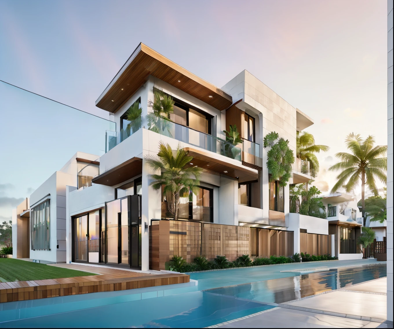 RAW photo,Masterpiece, high quality, best quality, super detail, townhouse, modern house with (tile wall:1.2), glass windows, (wooden ceiling:1.1), railing glass, main door conwood,tropical trees, sunset, beautifu sky, (high detailed :1.2), 16k uhd, dslr, soft lighting, high quality, film grain, 3dmax vray