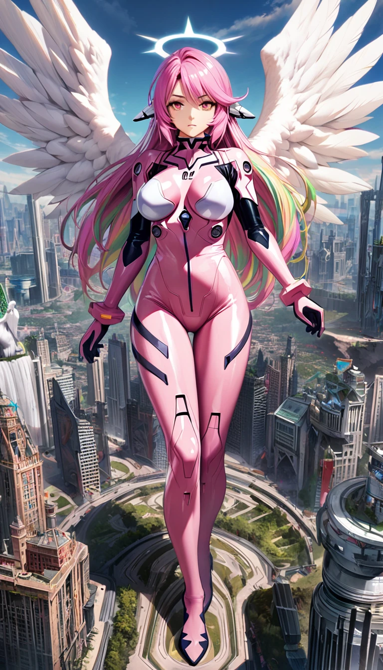 jibril,(big breast),(big white wing),(angel wing),(glamorous),full body,(girl towering over miniature city),plugsuit,pink latex bodysuit,shiny bodysuit,colorful hair,halo,sharp focus,extremely detailed CG,expressionless,realstic,(mechanical ear),standing,front view