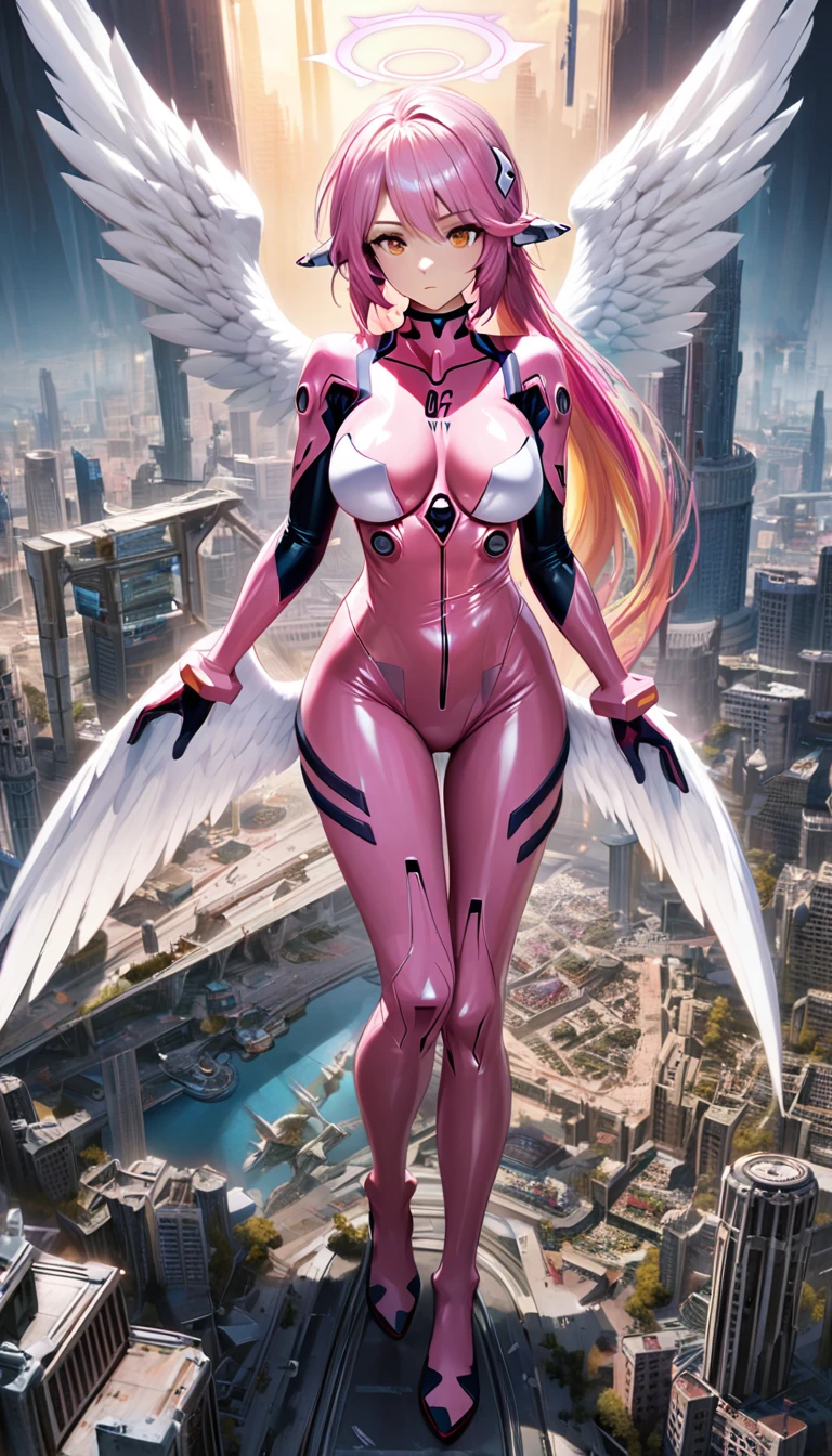 jibril,(big breast),(big white wing),(angel wing),(glamorous),full body,(girl towering over miniature city),plugsuit,pink latex bodysuit,shiny bodysuit,colorful hair,halo,sharp focus,extremely detailed CG,expressionless,realstic,(mechanical ear),standing,front view