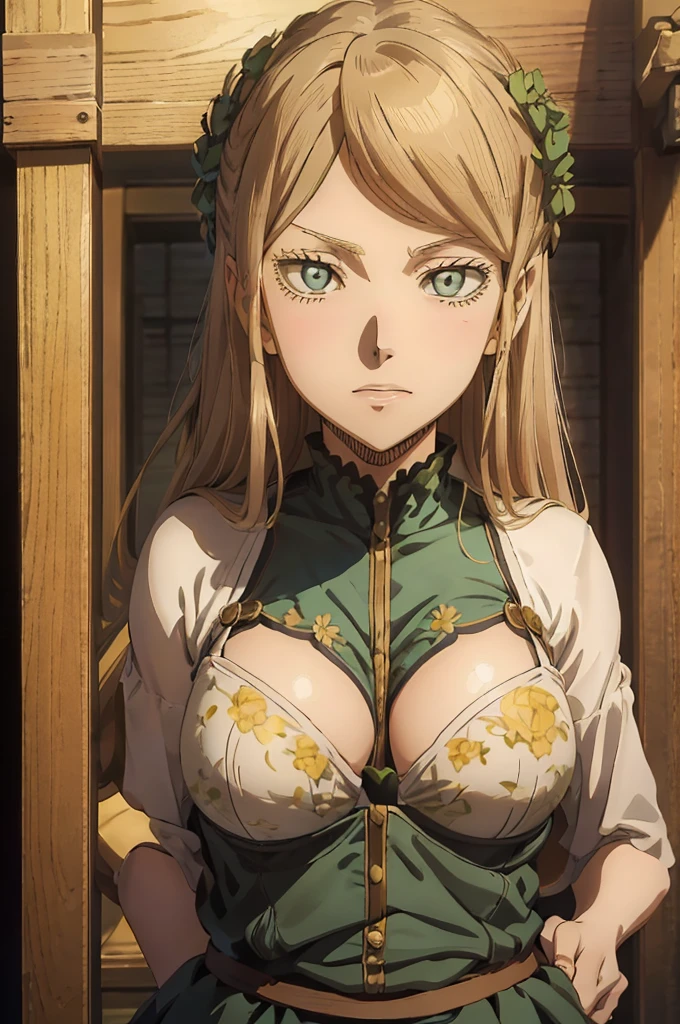 masterpiece,  best quality ,  Very detailed ,  maximum resolution, Realistic textures,  Anime Style, background, Storage room, From the Black Clover series, Charlotte Roselei, Long hair,  light yellow,  Redhead, Green eyes, Eyes of different colors,  huge breasts , 