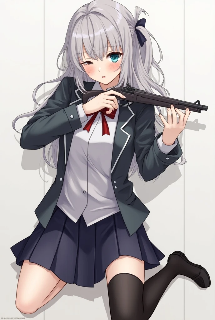 Highest quality、Ultra HD、One Woman、(Silver long hair 1.3)、(Green blazer 1.3)、(White tight mini skirt 1.3)、(Black tie)、(Black loafers 1.hooting a gun 1.2))、(Large Breastghs)、(Black knee-highs 1.2)、(Beautiful face with sharp eyes 1.2)、40-year-old woman、Slender body、(Evening school background 1.2)、((Clear and beautiful touch))