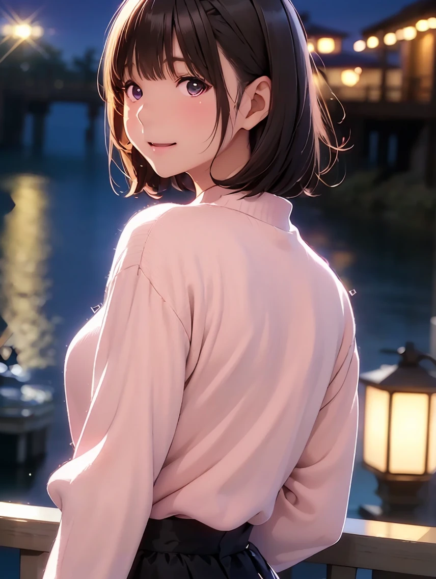   high resolution on down ,In 8K, best quality, Details,Semi-realistic anime, D Anime Style , Smooth Animated CG , one girl playing pranks, 19-year-old Japanese woman,slim,modeling,((Sparkling Eyes)),((Very short hair)),(( short bob)),(Maroon Glowing Hair ), Pink Lips, Shiny brown hair, Detailsな顔,Beautiful and  Details,,((深い青紫色のSparkling Eyes)),(Shut your mouth.),(Laughter),((Black long sleevesロングカーディガン)),(((Black long sleeves))),(( Light Coffee Pencil Skirt)),(((Long Fringe Hairstyle )),((Undercut Hairstyle)),((Nightscape )),((Pier at night)),((slimな身体)),( look at the camera),(( Back )),((振り向いて look at the camera))