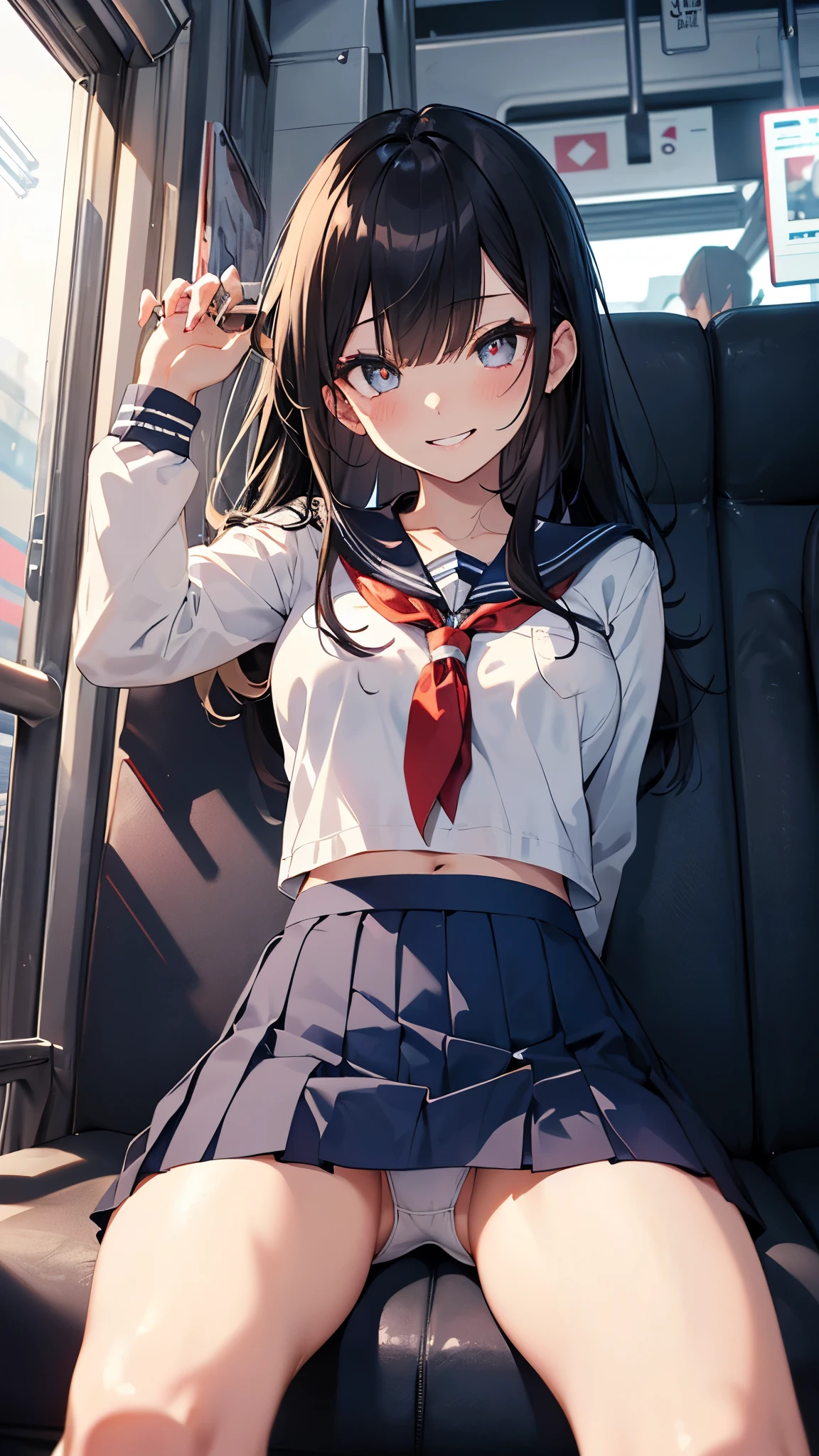 1girl,front view,sitting,grin,(Spread legs,Shooting from below:1.3),(cameltoe:1.3), Sharp focus,Glowing Skin,(((white serafuku,dark blue mini skirt,white panty,Pull up your own skirt))),large Breasts,(on the train,seat), ((long black Hair)),sexy pose,Long hair,Beautiful legs,masterpiece,Noise Reduction,perfect anatomy,high resolution, ultra-detailed, ultra-detailed face,game cg,dutch angle ,beautiful detailed eyes,visualart,five fingers, perfect hands, perfect lighting, sparkling pupils,