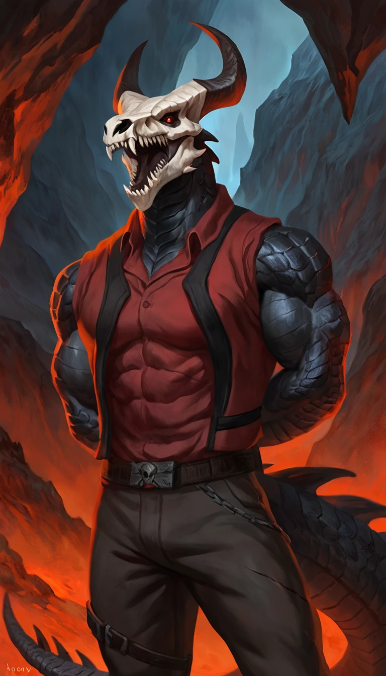 dragon like anthro lizard, hands behind back, anthro dragon, solo, portrait, scaly, detailed scales, experienced predator, dragonic, monster, mercenary, grin, open mouth, black scaly body, matte body, toned, muscular anthro, big muscles, big horns, wearing vest and pants, wearing red shirt, detailed scales, scars on body, 1male solo, anthro, muscular, thick neck, thick tail, skull head, marked jaw, Helltaker style, underground cave city background, darkness, horror, best quality, 4k, ultra-detailed, by laobai, by taran fiddler, by honovy