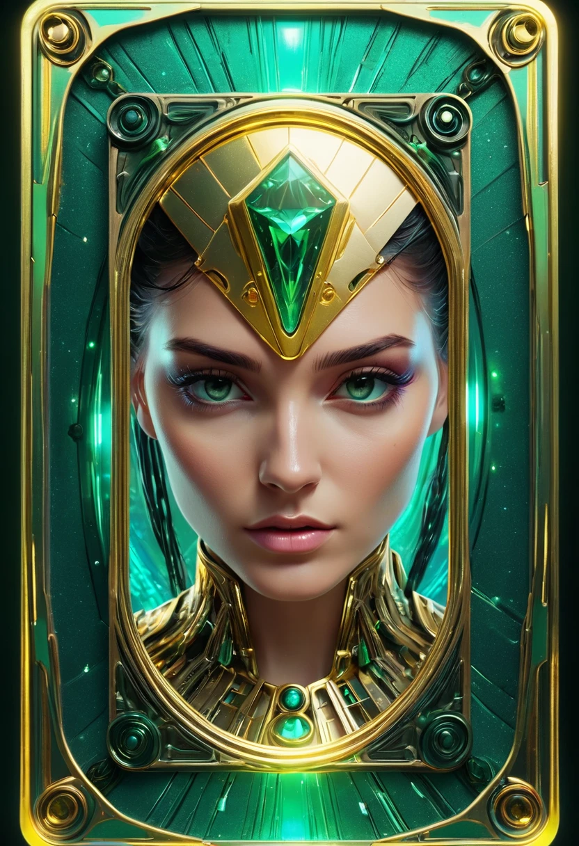 a close up of a colorful cyberpunk style tarot card frame. no text, laced with cybernetic, metallic paint stroke, holographic, holographic metal, Iridescence mix colors of gold with emerald green reflections. (masterpiece, realistic, 3d, 8k), on a white background. no characters. empty center of frame. no bolts.