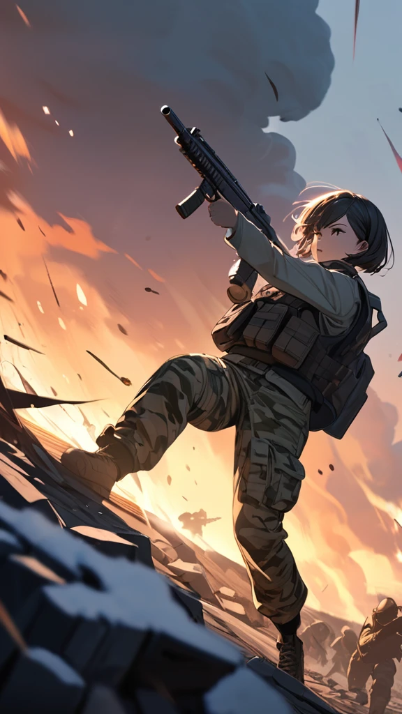 1 girl, (A look of determination), short bob hair, Tactical Vest, camouflage pants , small breasts, fighting figure , break, (Strong light:1.2), Light and dark contrast, Cold Tones , Battlefield Tension , break, Twilight Sky, warriors in smoke , Sound of gunfire , Spectacular backdrop, absurdres, highres icon, ultra detailed, beautiful, masterpiece, best quality