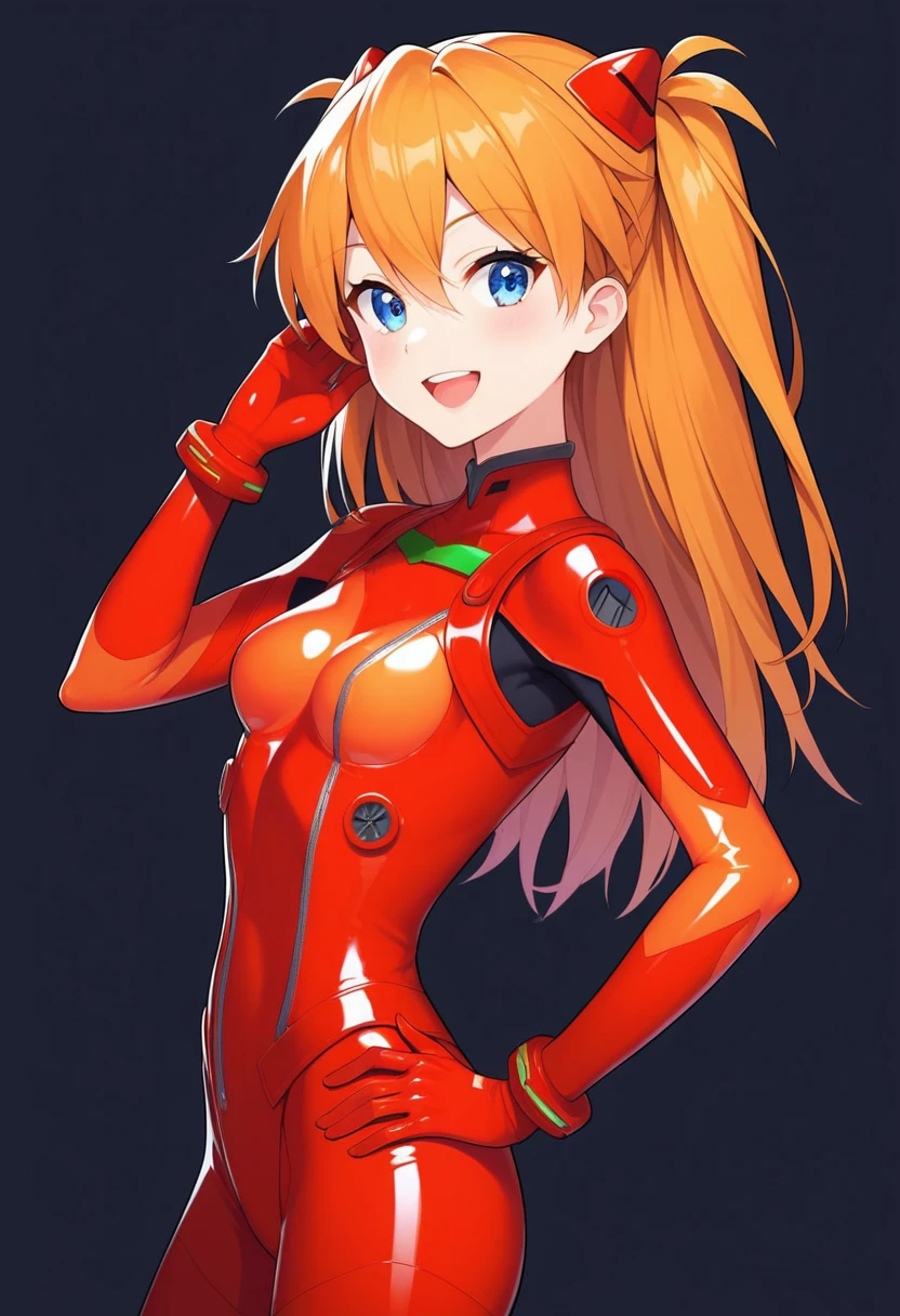 1girl,long hair,plugsuit,bodysuit,souryuu asuka langley,pilot suit,bracer,blue eyes,smile,open mouth,breasts,bangs,turtleneck,solo,cowboy shot,:d,hair between eyes,gloves,(red bodysuit:1.4),small breasts,looking at viewer,headgear,two side up,hand on hip,skinny,adjusting hair,narrow waist,standing,orange hair,science fiction,hand up,shiny clothes,hair ornament,happy,from side,shiny,skin tight,(simple background:1.2),(black background:1.5),traditional media,score_9,score_8_up,