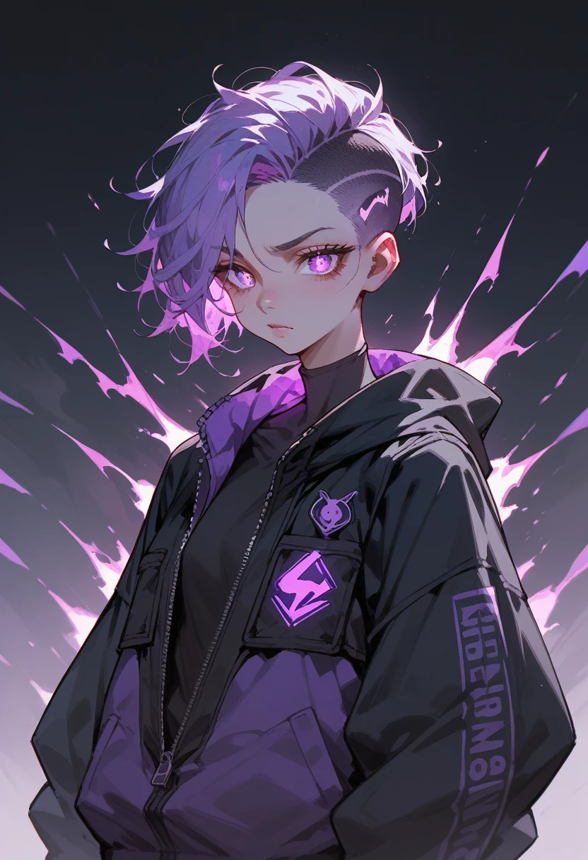 solo focus, Glowing purple, Massive, demon, Oversized zip-up hoodie, Iridescent vest, Layered undercut