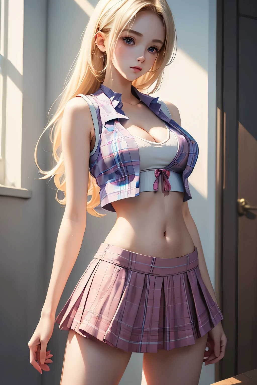 (((masterpiece))), (pastel colors), (((anime girl))), high resolution image, 8k, photorealistic, Slim woman, blonde, prominent breasts, blue vest, white crop top, prominent cleavage, bare abdomen, red plaid mini skirt, thin legs, slender body (pastel colors)