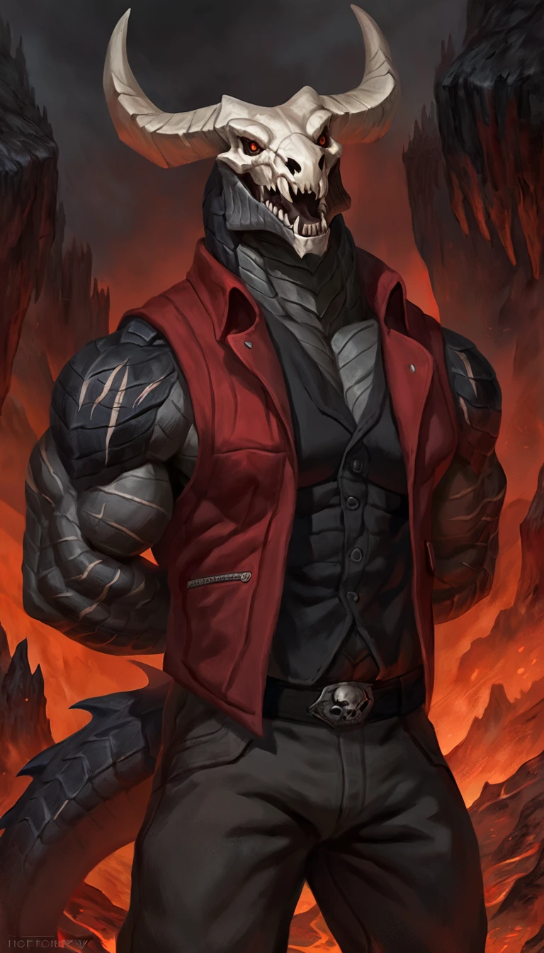 dragon like anthro lizard, hands behind back, anthro dragon, solo, portrait, scaly, detailed scales, experienced predator, dragonic, monster, mercenary, grin, open mouth, black scaly body, matte body, toned, muscular anthro, big muscles, big horns, wearing vest and pants, wearing red shirt, detailed scales, scars on body, 1male solo, anthro, muscular, thick neck, thick tail, skull head, marked jaw, Helltaker style, underground cave city background, darkness, horror, best quality, 4k, ultra-detailed, by laobai, by taran fiddler, by honovy