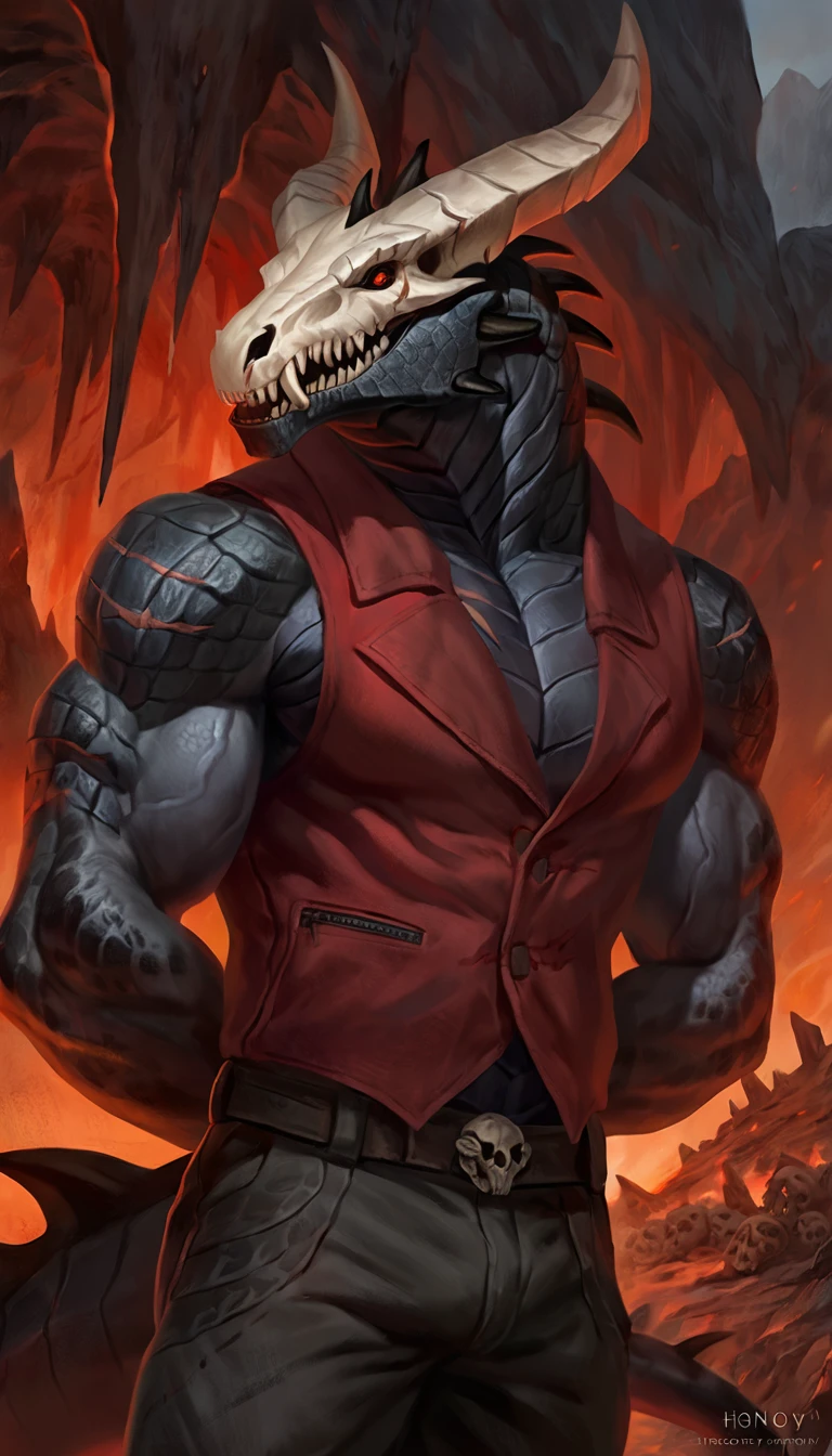 dragon like anthro lizard, hands behind back, anthro dragon, solo, portrait, scaly, detailed scales, experienced predator, dragonic, monster, mercenary, grin, open mouth, black scaly body, matte body, toned, muscular anthro, big muscles, big horns, wearing vest and pants, wearing red shirt, detailed scales, scars on body, 1male solo, anthro, muscular, thick neck, thick tail, skull head, marked jaw, Helltaker style, underground cave city background, darkness, horror, best quality, 4k, ultra-detailed, by laobai, by taran fiddler, by honovy