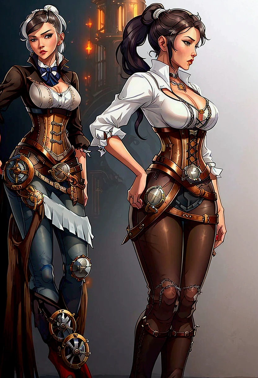 two gorgeous women, clockwork corset, steampunk, long golden hair, long black hair, leather pants, belts and straps, pouches and vials, chains, standing in a clockwork workshop, lesbian, fondling, lewd