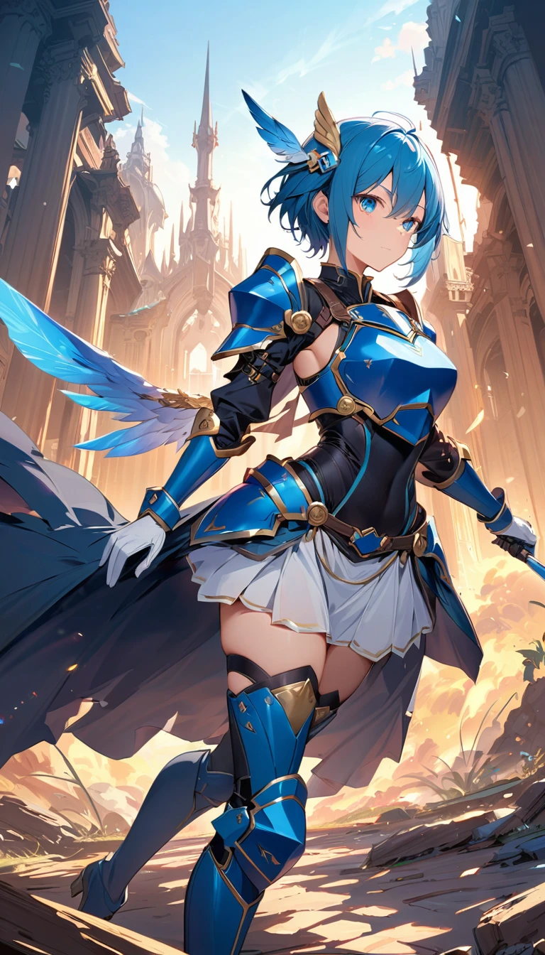 Alone,  1 girl, Android is not alone, shino asada,  short hair, bangs,  blue eyes,  hair ornament,  hair between eyes ,  blue hair ,  side lock, Vertical pupil, Gloves,  long sleeve , Wings, white Gloves, armor, shoulder armor, breastplate, blue armor,, arms, Focus on women, Cape, armor, Androidized 、Robotization, Handguard,  waist wrap skirt , breastplate, full armor， thigh high heel boots ,  robotic joints 、 anatomically correct mechanical body　(((masterpiece)))， ((Best Quality))， (( intricate detail ))　(8k)、  full body shot