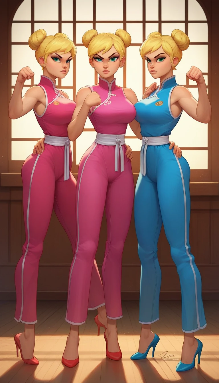 lola loud, 3girl, trio, 24yo girl, large breasts, pink cheongsam,  inside of a chinese temple, looking at viewer, blonde hair, two hair buns , hands  score_9, score_8_up, score_7_up, high heels, teep fighting stance,martial arts, triplets, long pants, pants window on the each side of the pants