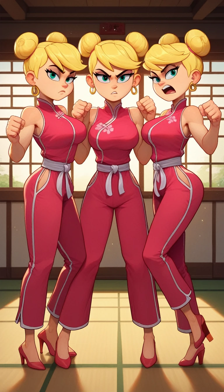 lola loud, 3girl, trio, 24yo girl, large breasts, pink cheongsam,  inside of a chinese temple, looking at viewer, blonde hair, two hair buns , hands  score_9, score_8_up, score_7_up, high heels, teep fighting stance,martial arts, triplets, long pants, pants window on the each side of the pants