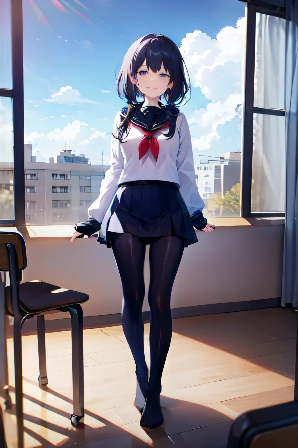 A woman wearing a skirt is standing in front of a window , Thighs and skirt ,  wear black stockings ,  picking her skirt, showing a glimpse of her underwear and smiling,  sailor suit,  anime girl in real life , Beautiful full body shot, Anxious expression,  anime girl cosplay , full body!!,  looks listless  , full body!,  wear skirts and black stockings,  there are students around the school classroom , Desk and chair, Blue summer sky outside the window 