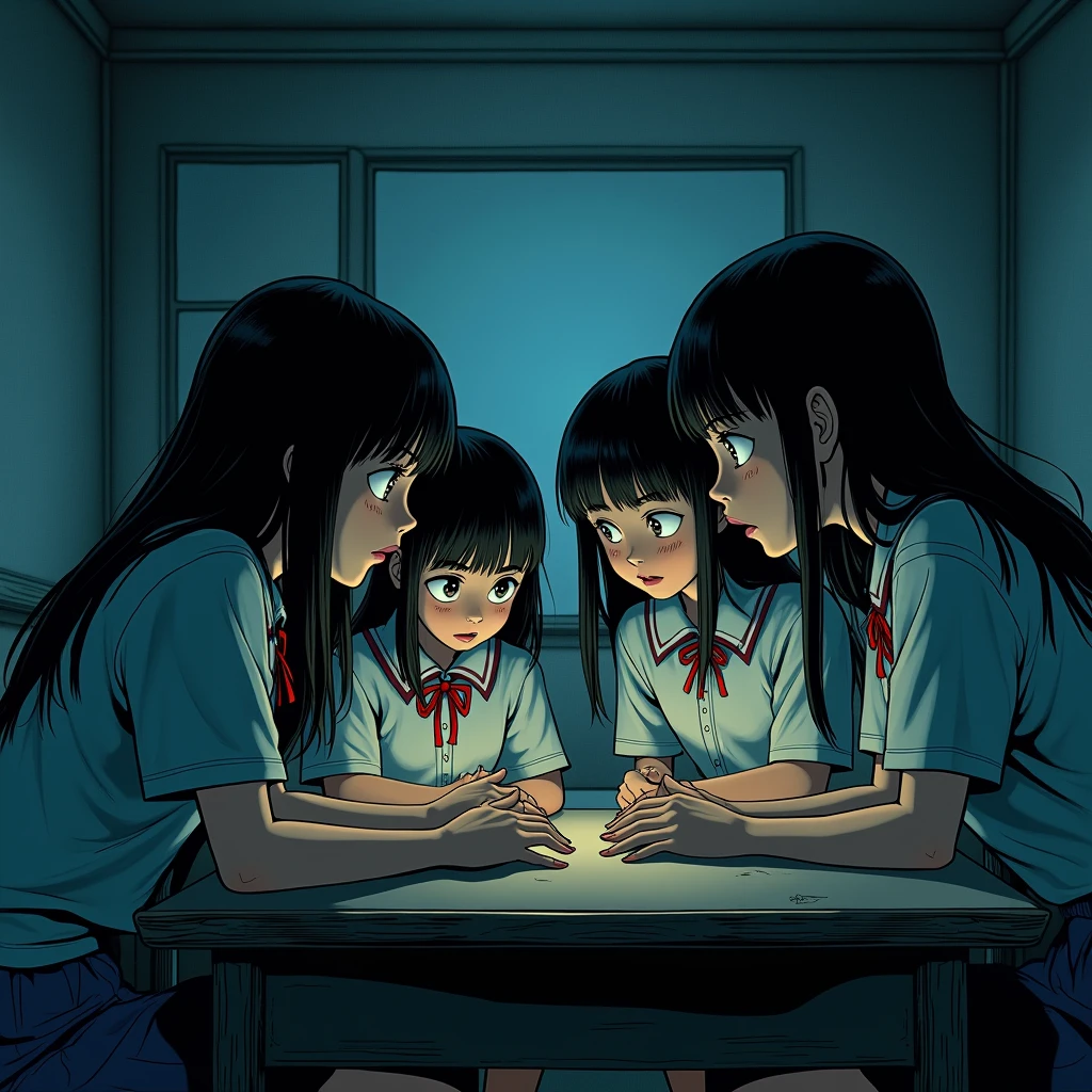 (masterpiece:1.3), (8k, Realistic, RAW Photos, highest quality: 1.4), (Two Japanese adult women), ((Sadako and Kayako)), Beautiful Face, (Realistic Face), (Black Hair, Long Hair:1.5), Beautiful hairstyle, ((The face is hidden by bangs:1.1)), Realistic eyes, ((White of the eyes:1.2)), Beautiful fine details, (Realistic Skin), Beautiful Skin, ((White skin:1.4)), Absurd, Charm, Ultra-high resolution, Ultra-realistic, Very detailed, Golden Ratio, ((Two people crawling out of a CRT TV)), Four and a half tatami mat Japanese-style room, (steam:1.0)