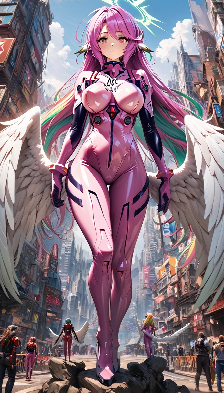 jibril,(big breast),(big white wing),(angel wing),(glamorous),full body,(girl towering over miniature city),plugsuit,pink latex bodysuit,shiny bodysuit,colorful hair,halo,sharp focus,extremely detailed CG,expressionless,realstic,(mechanical ear),standing,front view