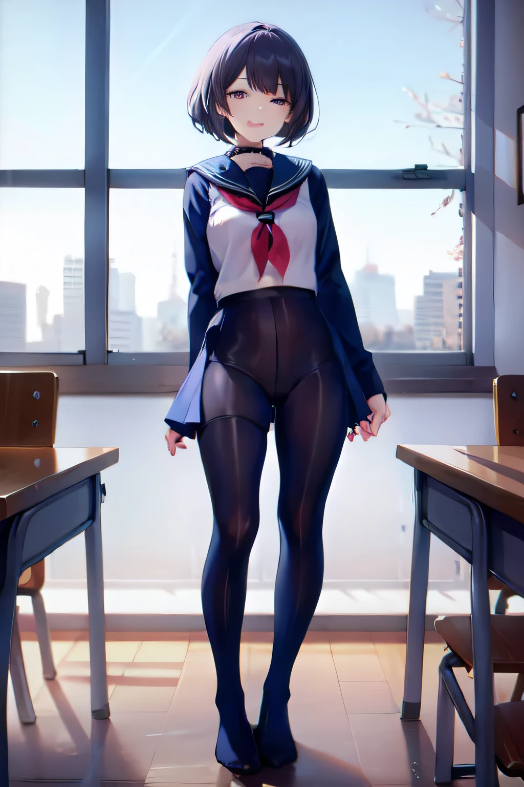 A woman wearing a skirt is standing in front of a window , Thighs and skirt , wear black stockings , pick the skirt, show a glimpse of underwear, and smile, sailor suit, one leg like a dog and open , The skirt rolls up and the pants are visible , anime girl in real life , Bob Hair , Beautiful full body shot, Happy expression, anime girl cosplay , full body!!, looks listless , full body!, wear skirts and black stockings, there are students around the school classroom , Desk and chair, Blue summer sky outside the window