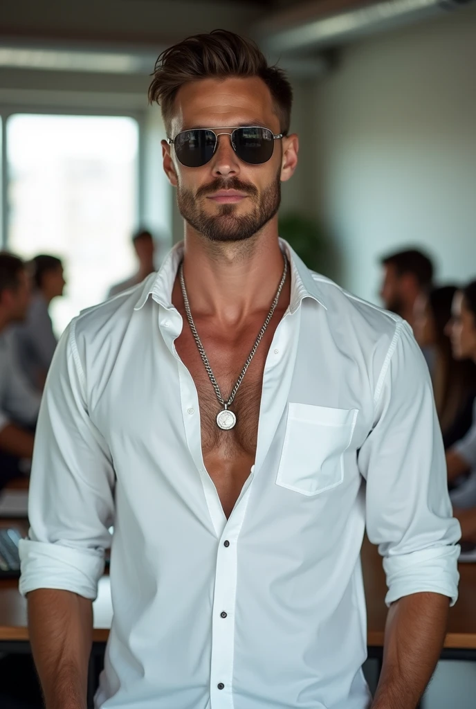 Man 40 years old, white long sleeve shirt rolled up ,  sunglasses latest model , Caucasian, very attractive,  very muscular physique , SILVER NECKLACE,  background an office table with a group of people ROUND HIM like a work meeting.