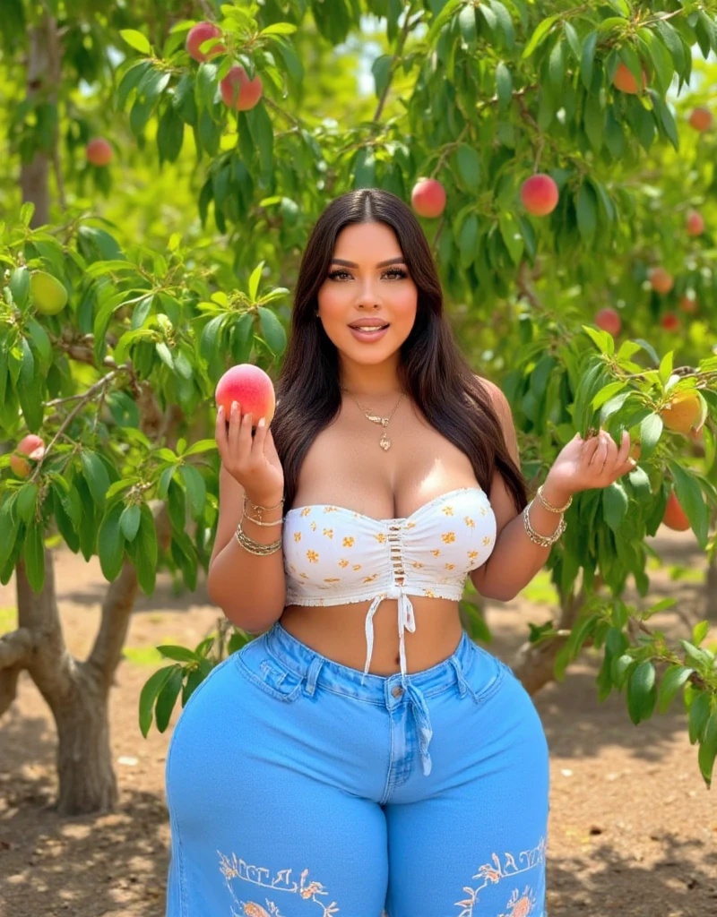 This is a vibrant, high-resolution photograph of a woman who makeup as Disney princess or she cosplaying   standing in front of a peach tree, which is laden with ripe, juicy peaches. She has a light to medium brown skin tone, with long, wavy, dark brown hair cascading down her shoulders. Her facial features are prominent with a full nose, full lips, and expressive eyes. She is wearing a white crop top adorned with a floral pattern of small, yellow flowers. The top is cropped high on her midriff, showcasing her midriff and cleavage.

She has a curvy, hourglass figure with a noticeable bust and a flat stomach, accessorizing with multiple bracelets on her right wrist. Her lower garment is a high-waisted, loose-fitting, blue maxi skirt with intricate, embroidered designs along the bottom hem. She holds a peach in her right hand, close to her face, and has a playful, engaging smile.

The background features lush, green leaves of the peach tree, creating a picturesque, sunny setting on a bright day, with sunlight filtering through, casting dappled shadows. The ground beneath her feet is covered with brown earth. She wears a delicate, thin gold necklace and has long, natural nails with a nude polish