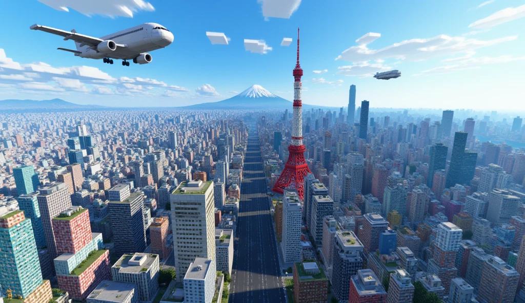 Minecraft style, 3D voxel blocks Art. Panoramic view of Skyscrapers in central Tokyo, Impressive Jumbo jet, Tokyo Station, bullet train, Tokyo Tower, Mt. Fuji, White airship in the distance, Drone photography