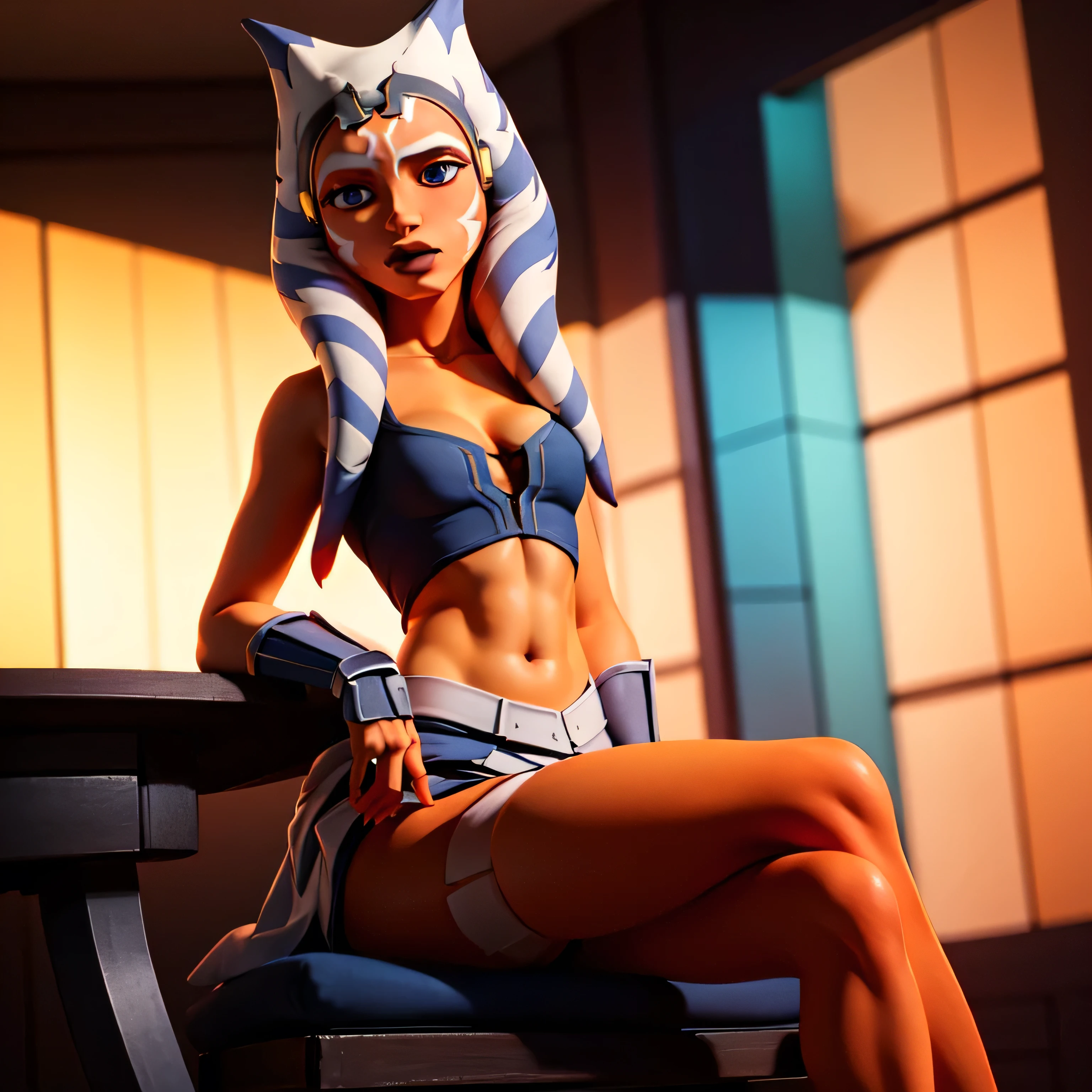 (masterpiece, best quality, ultra-detailed), young 14yearold AhsokaTano, (orange skin:1.2), blue eyes, makeup, medium breasts, blue shirt, vambraces, fingerless gloves, hip armor, blue skirt, blue leggings, sitting, legs open, looking at viewer, blush, indoors