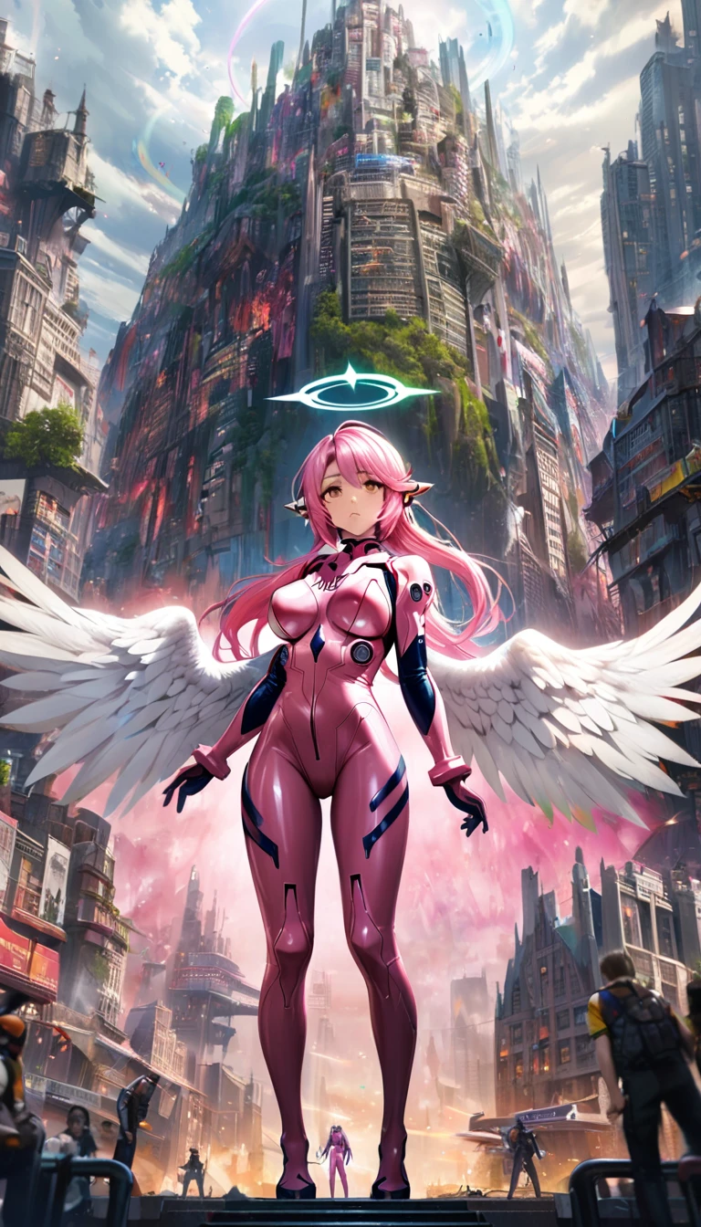 jibril,(big breast),(big white wing),(angel wing),(glamorous),full body,(girl towering over miniature city),plugsuit,pink latex bodysuit,shiny bodysuit,colorful hair,halo,sharp focus,extremely detailed CG,expressionless,realstic,(mechanical ear),standing,front view