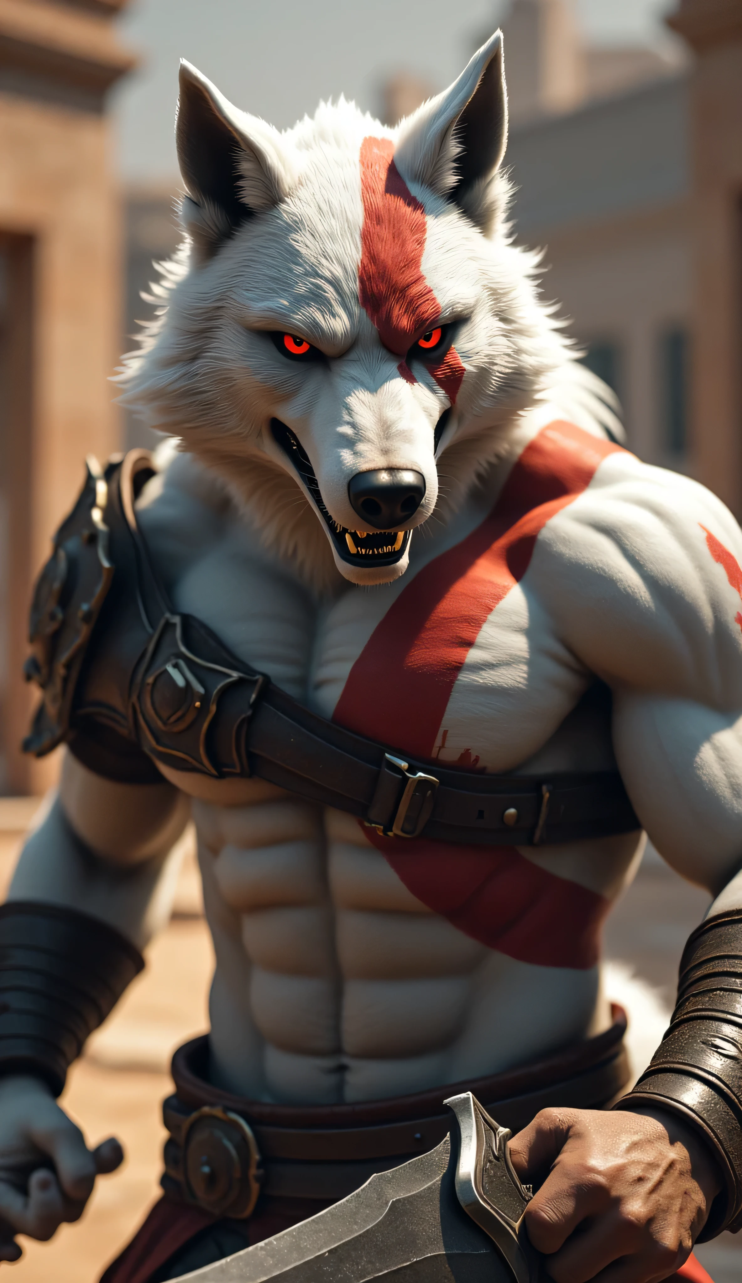 Death wolf, male muscular anthro. Red eyes, white fur, Angry , Looking at the viewer. God of War 2010 style, Red scar on the eye, which covers some of the , Blades of Chaos, AddXL, cinematic lighting, cinematic angle, soft light, color detail, backlighting, Depth of field, long exposure, light steps, intricate colors, vibrant colors, Full body view, Outdoor, Ancient Greece background,