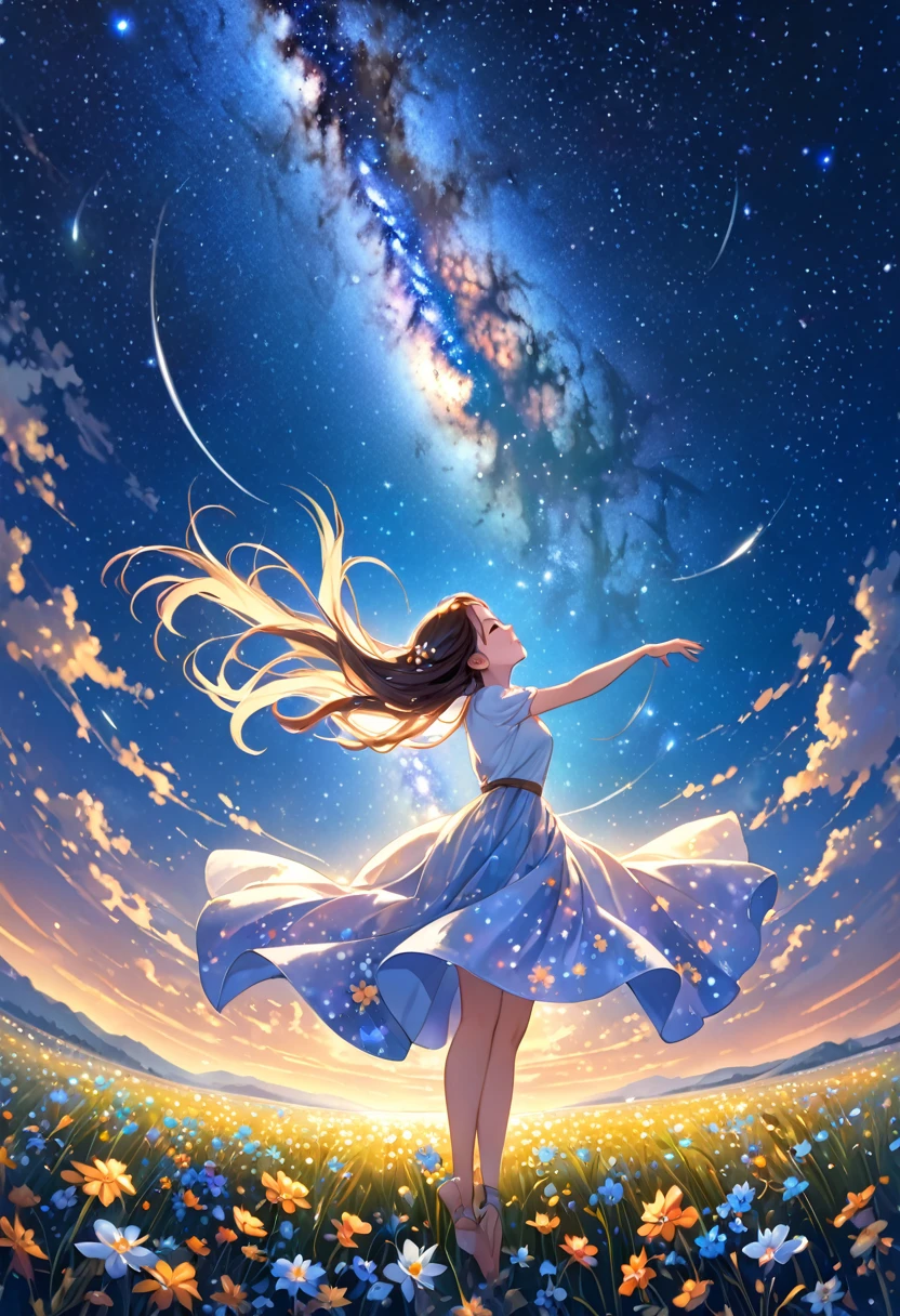 Milky Way in the sky, a pretty  looking up at the Milky Way, posture is pinned in close-up body, landscape with dancing wind and flowers, painting with beautiful expression of light, the girl is standing as if dancing