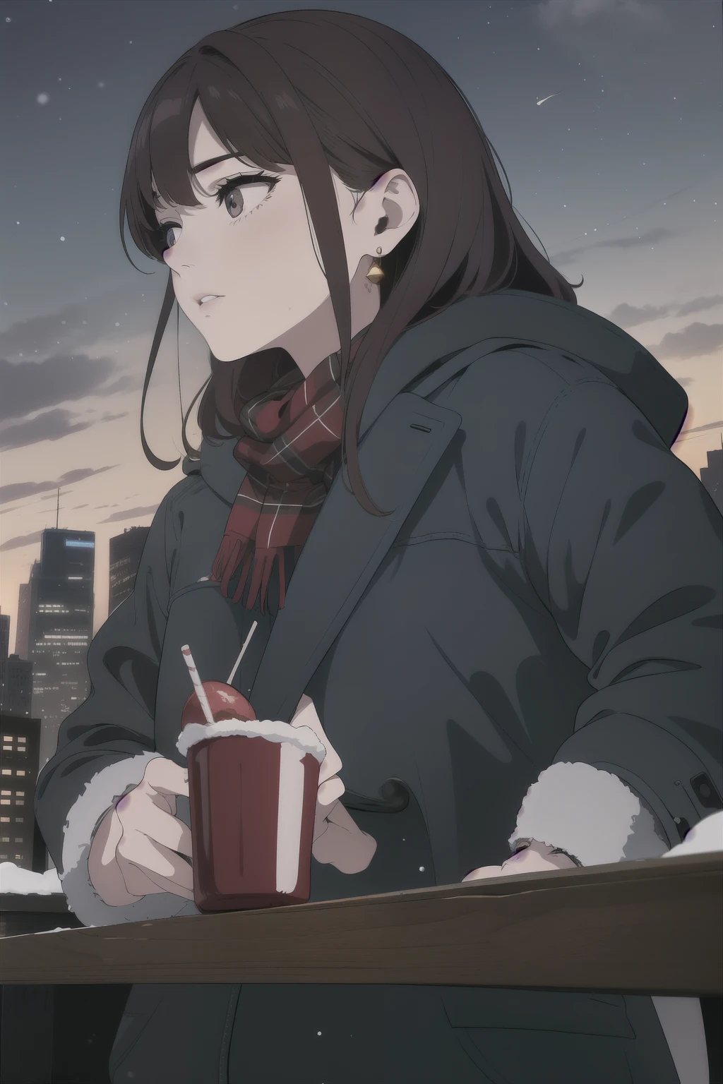 high-definition images, atmospheric perspective, 8k, super detail, accurate, best quality, a woman, see the Manhattan from across the river on Christmas day, winter clothes with Christmas colors, looking away, angle from below, (drooping eyes), sleepy face, earrings, many people pass, got drunk,
