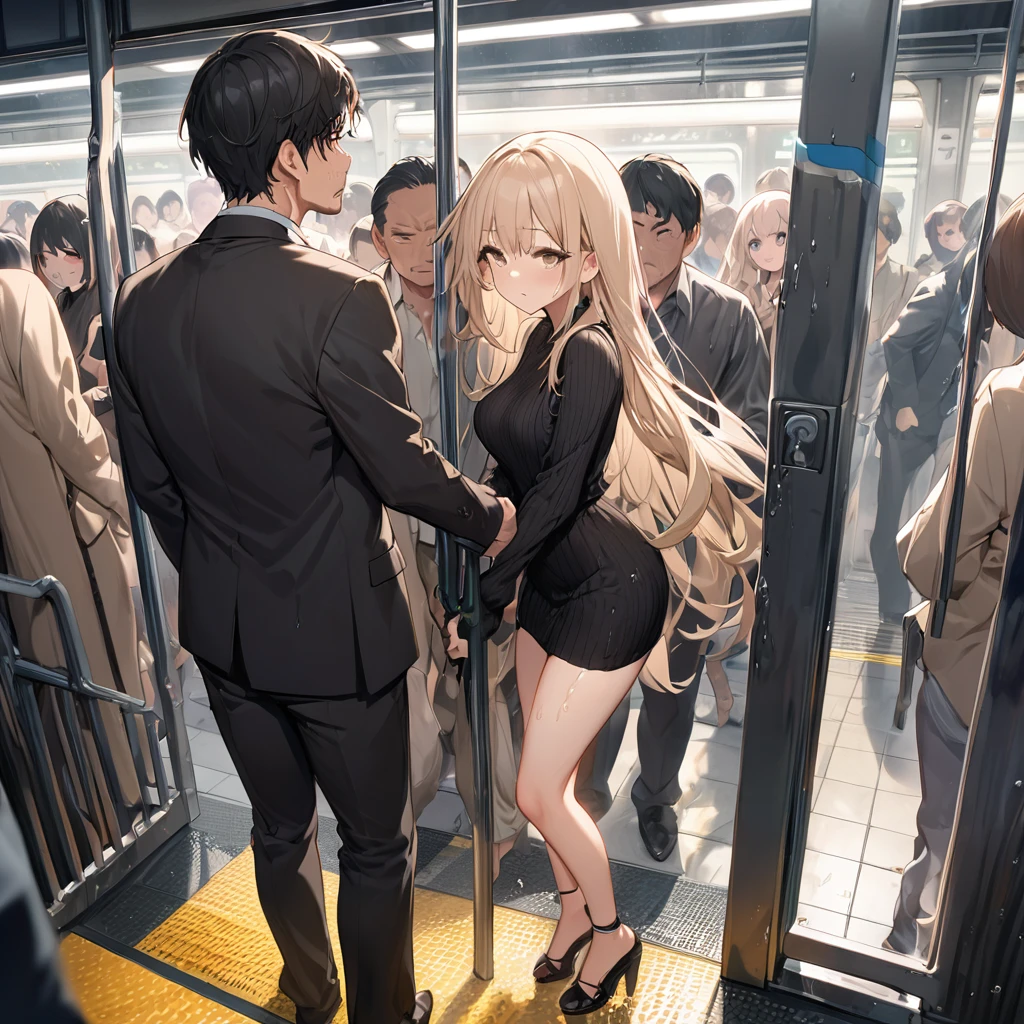8K, photo image, masterpiece, 最high quality, super resolution, Beauty with golden curly hair, ((blonde beauty)), With bangs, Impossibly cute face, and slim, small breasts, high quality, T Masterpiece, exquisite features, she looks sad, delicate eyes, delicate golden hair, 8K quality, Pale light and shadow, Dindal effect, pink hair, With bangs, young country, Erotic scenes, rock, (element), Very bright white background, (Group molesters:1.3), 1 girl, (Image from below front), She was finger raped by several men、(((Inside a crowded train in Japan))), (((She is forced to stand between men and is finger-raped:1.3))), (men are standing around her), (wearing her sexy blouse and miniskirt), (super beautiful face), (her sexy clothes were torn, Her underwear is torn and her skin is visible., pink nipples, thin pubic hair), ( She was grabbed by the man, The men cupped her buttocks with their hands.:1.3), (her clothes were torn and torn:1,3), (At SFW), (((Her blouse is torn and the front is exposed.))), (Her miniskirt is being lifted up from below by men.), (((The mans hands are touching her crotch and raping her with his fingers))), (((A man puts his hand inside her skirt))), (((man pulls her torn skirt))),